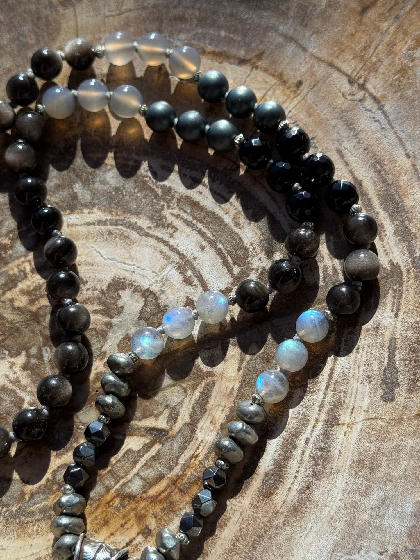 Mālā with Silver Sheen Obsidian, Labradorite, Grey Agate and Hematite Beads with a Nepalese Made Pendant