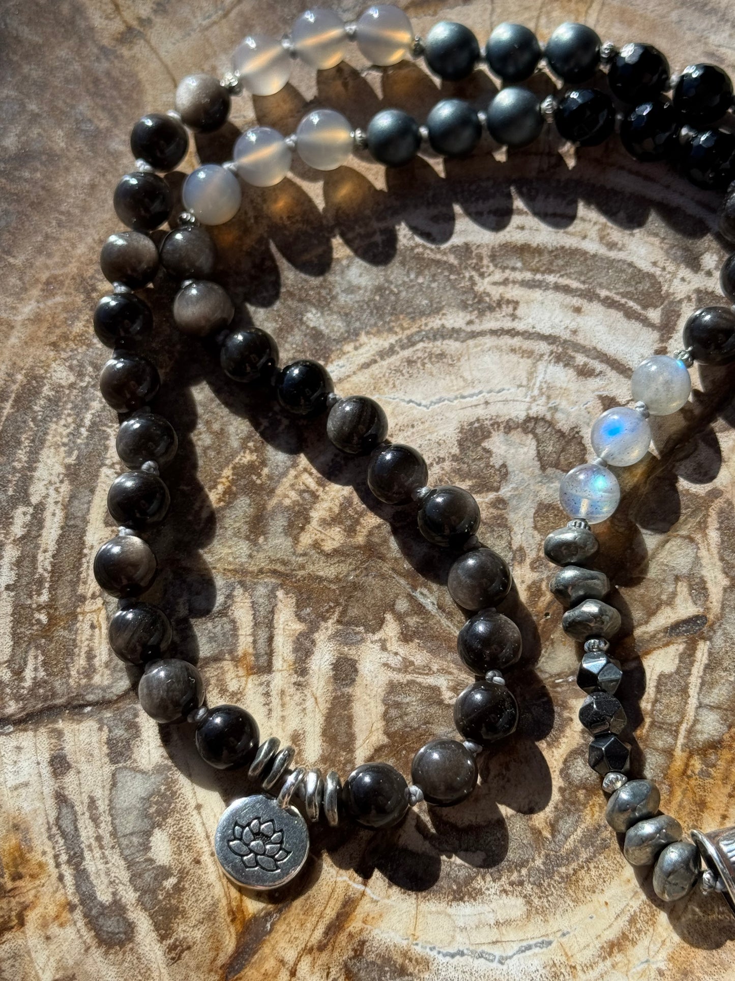 Mālā with Silver Sheen Obsidian, Labradorite, Grey Agate and Hematite Beads with a Nepalese Made Pendant