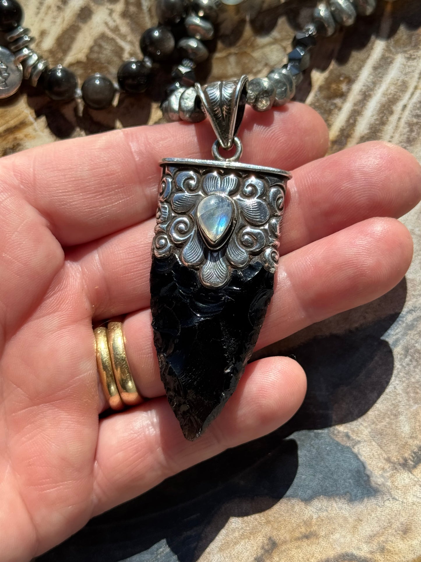 Mālā with Silver Sheen Obsidian, Labradorite, Grey Agate and Hematite Beads with a Nepalese Made Pendant