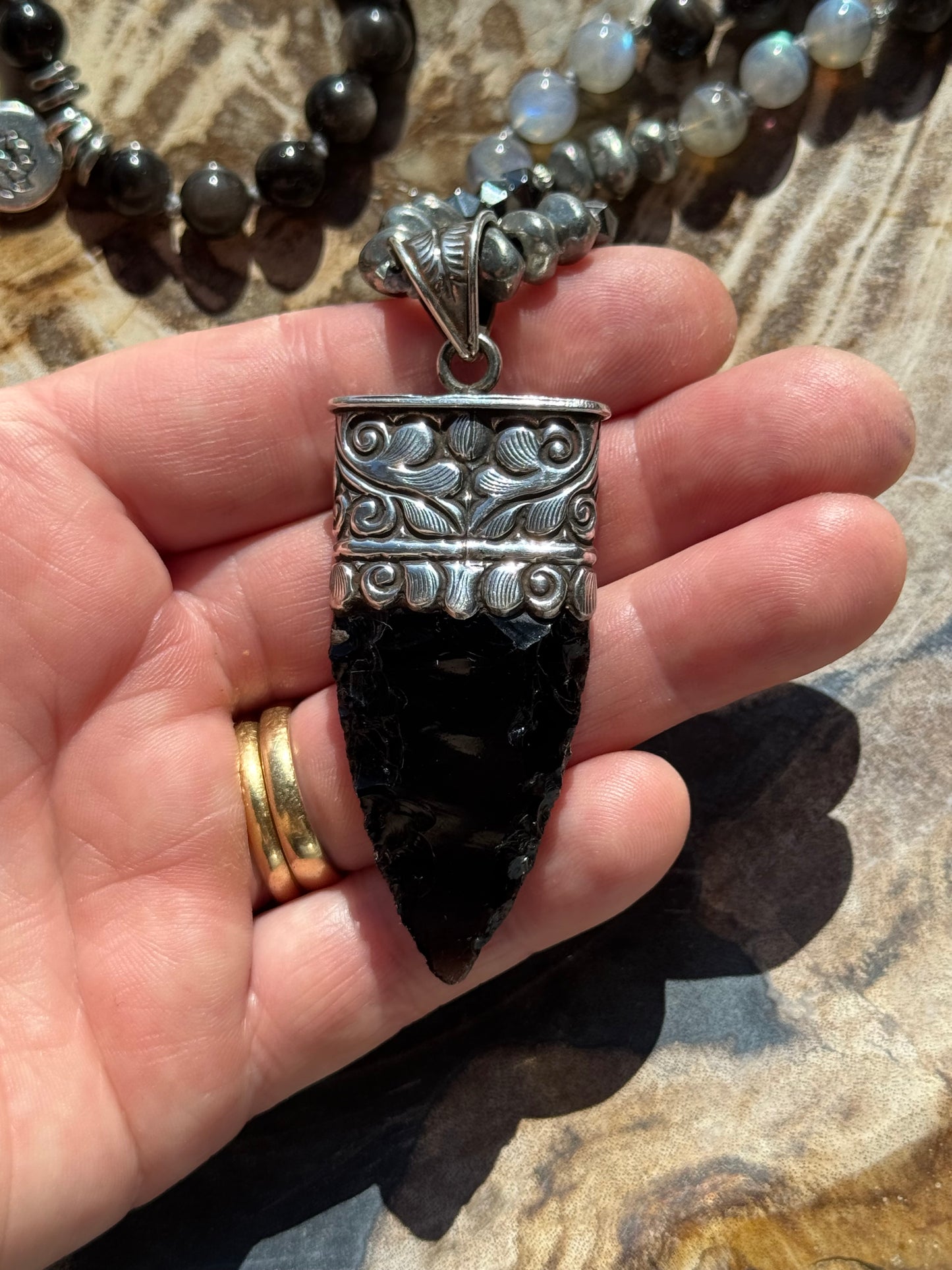 Mālā with Silver Sheen Obsidian, Labradorite, Grey Agate and Hematite Beads with a Nepalese Made Pendant
