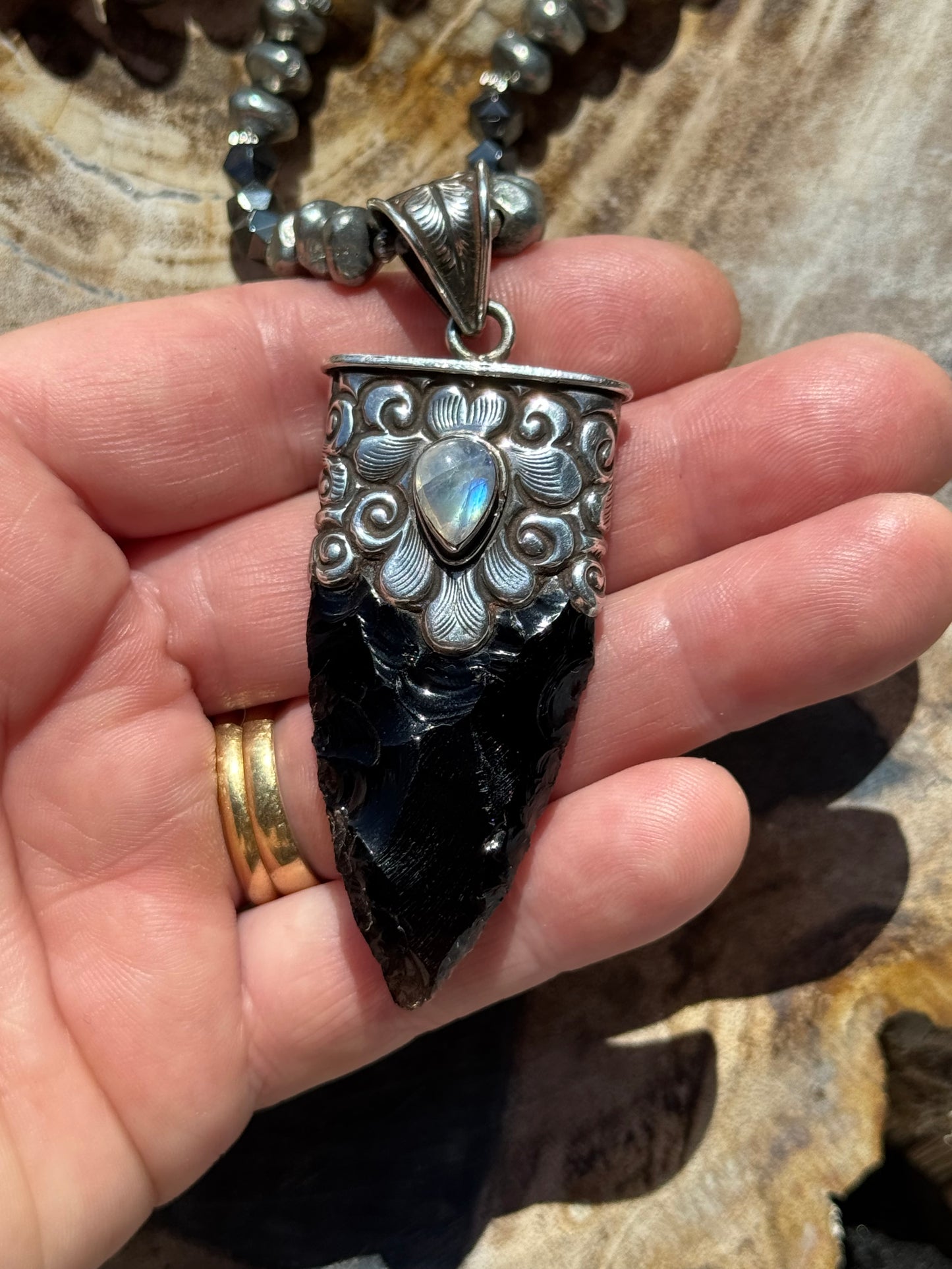 Mālā with Silver Sheen Obsidian, Labradorite, Grey Agate and Hematite Beads with a Nepalese Made Pendant