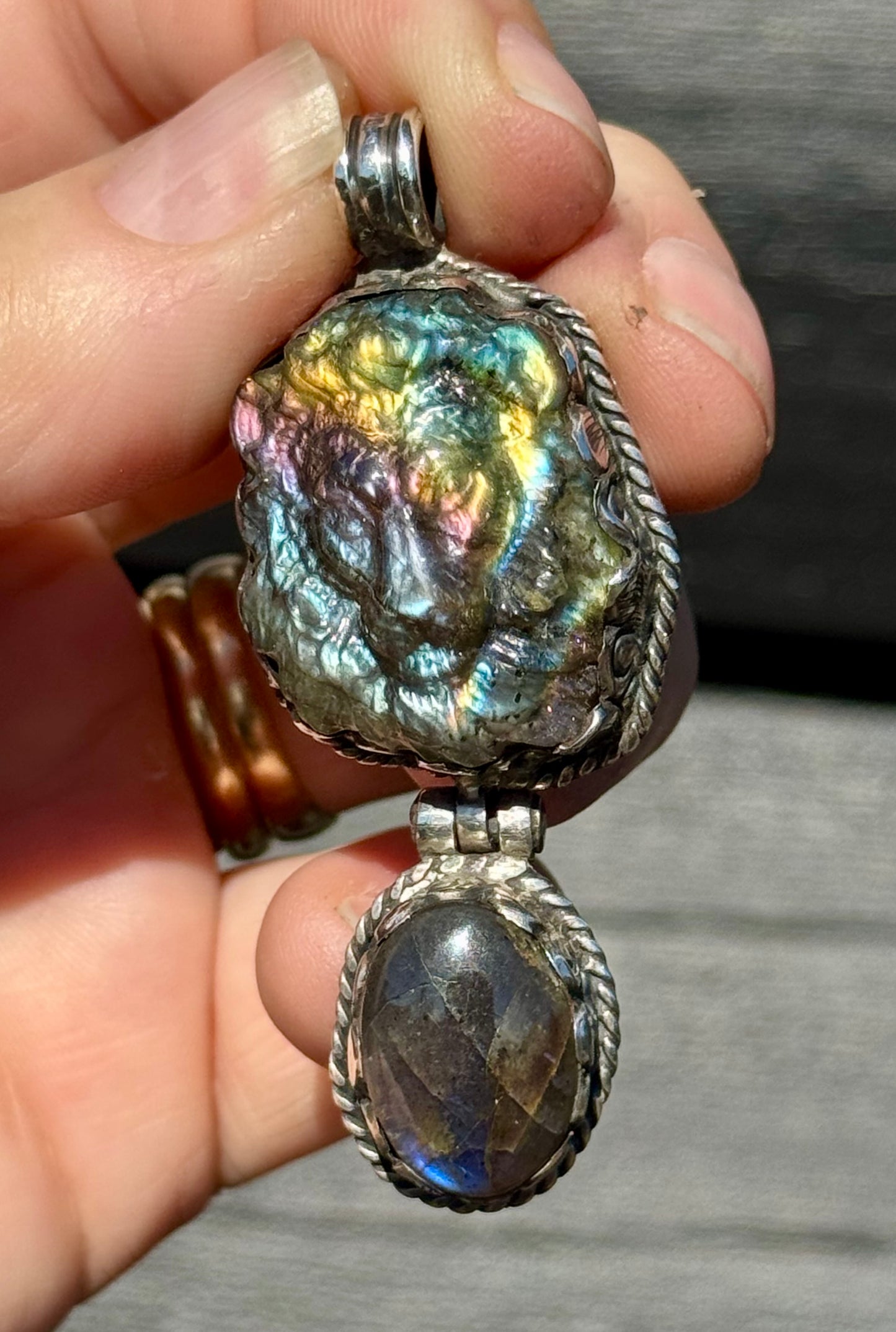 Sterling Silver and Labradorite Lion Pendant handmade