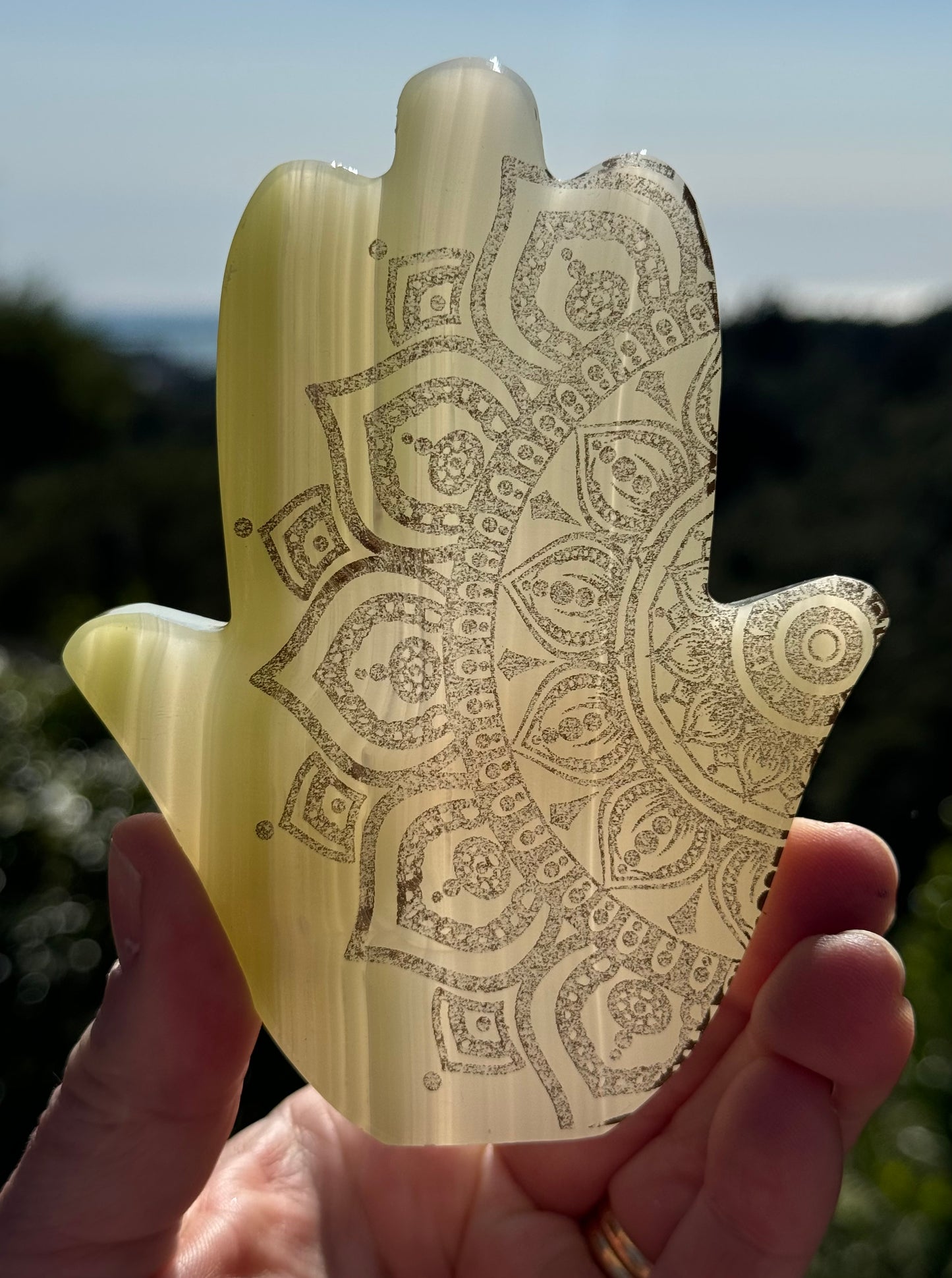 Calcite Hamsa Green, laser Engraved