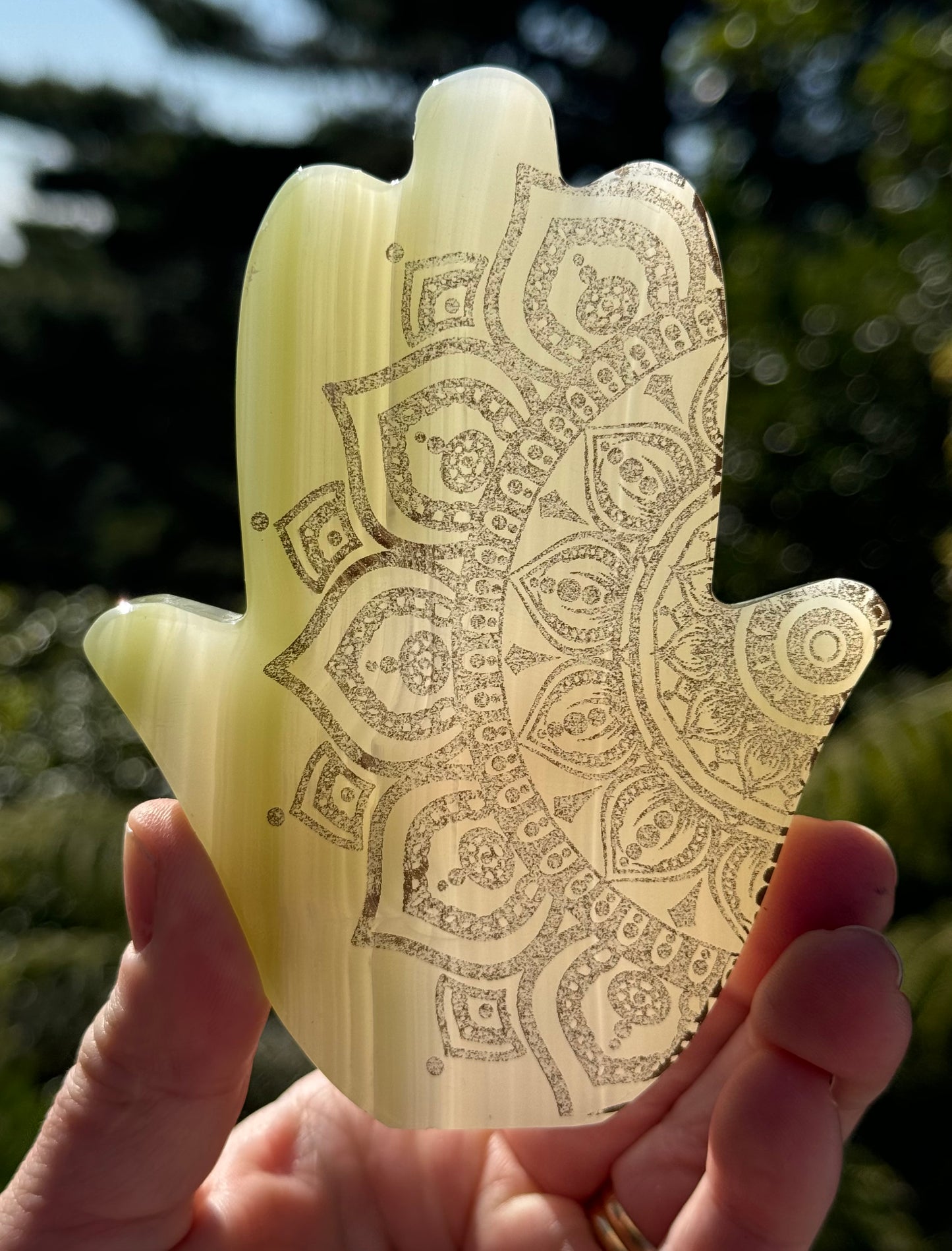 Calcite Hamsa Green, laser Engraved