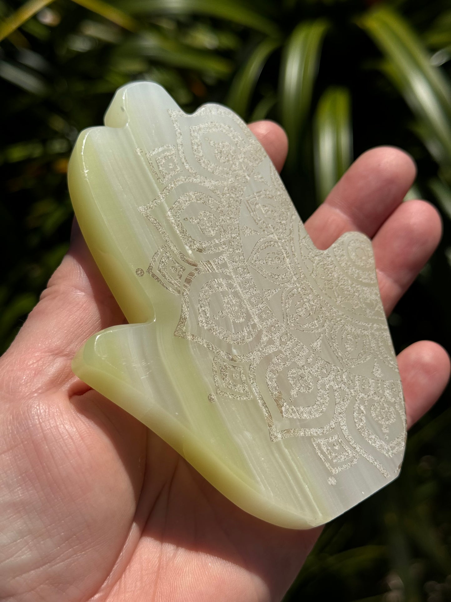 Calcite Hamsa Green, laser Engraved