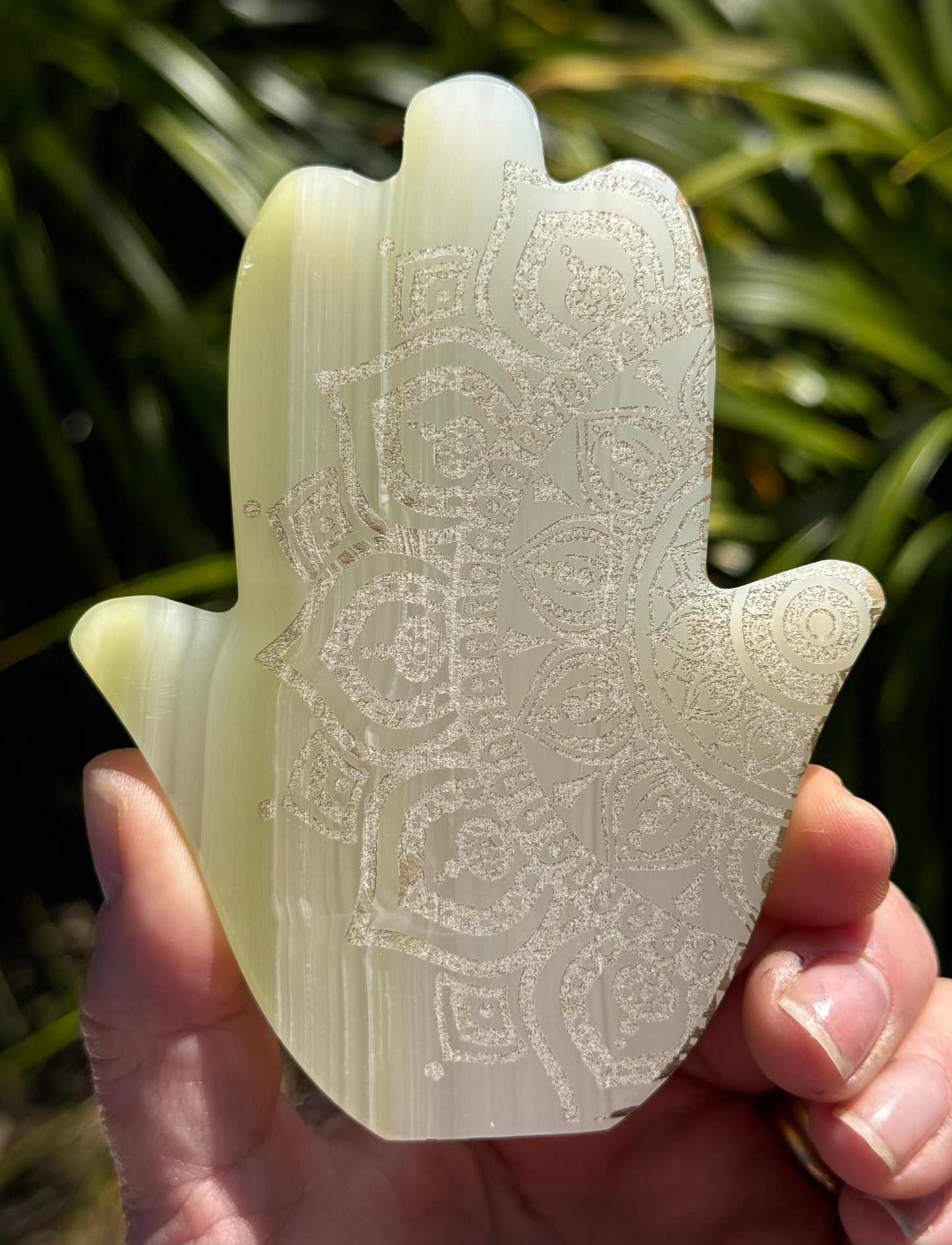 Calcite Hamsa Green, laser Engraved