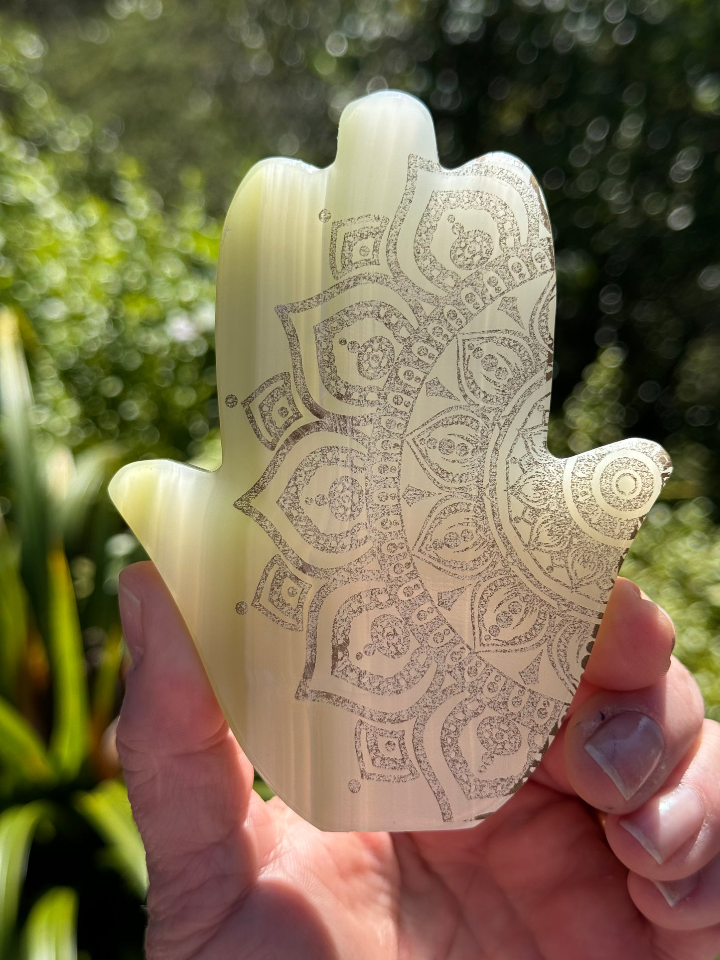 Calcite Hamsa Green, laser Engraved