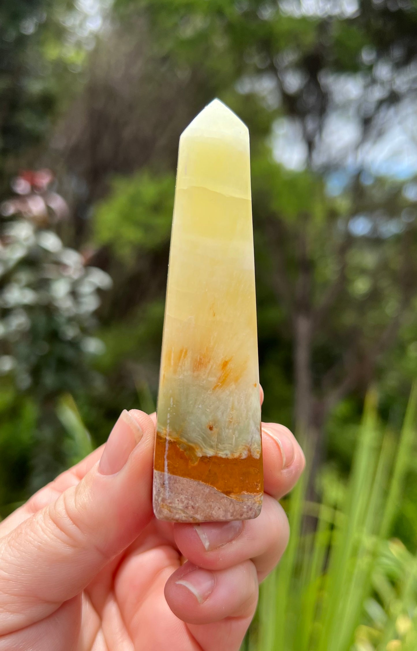 Lemon and Banded Green Calcite Calcite Obelisk
