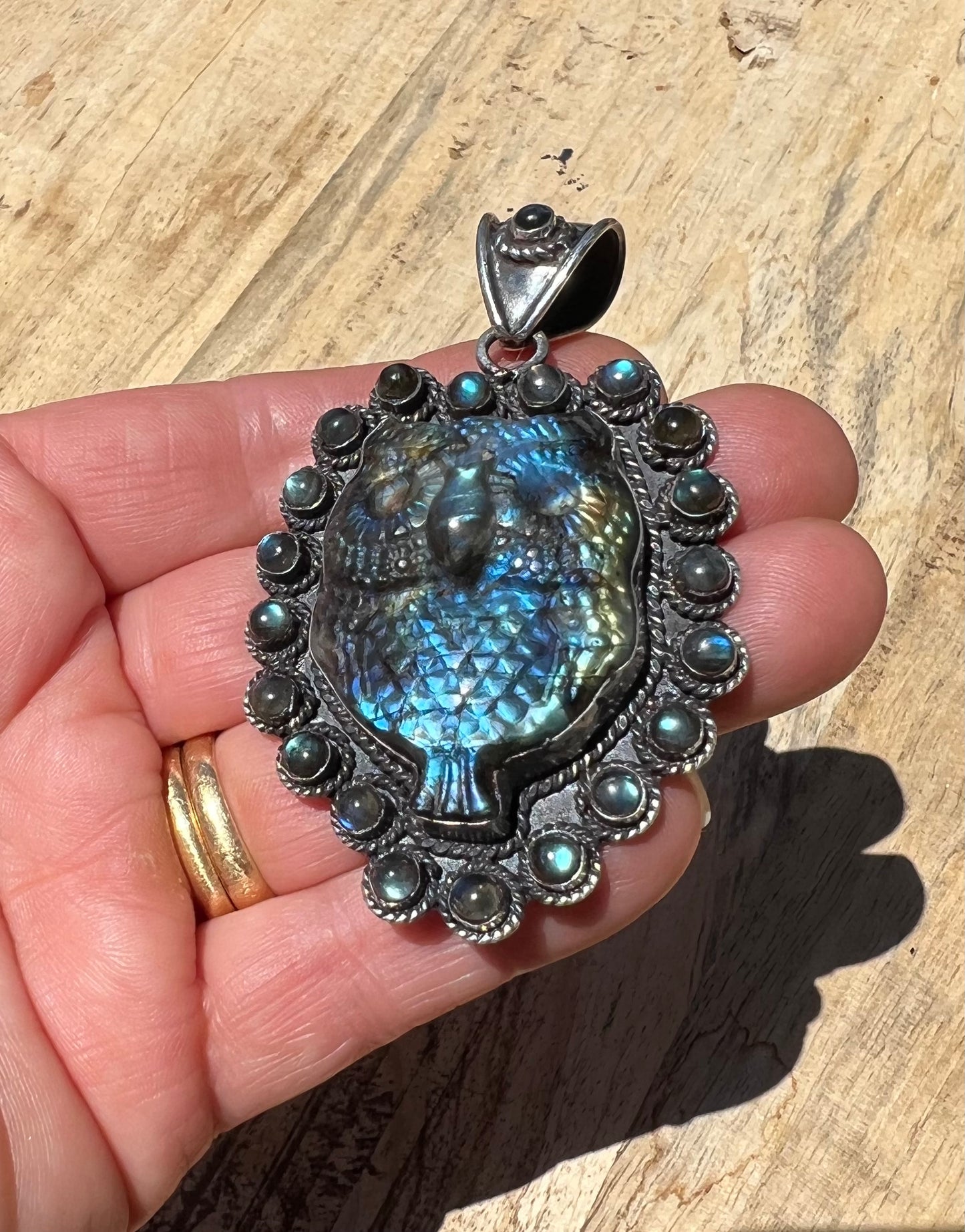 Sterling Silver and Labradorite Owl Pendant handmade