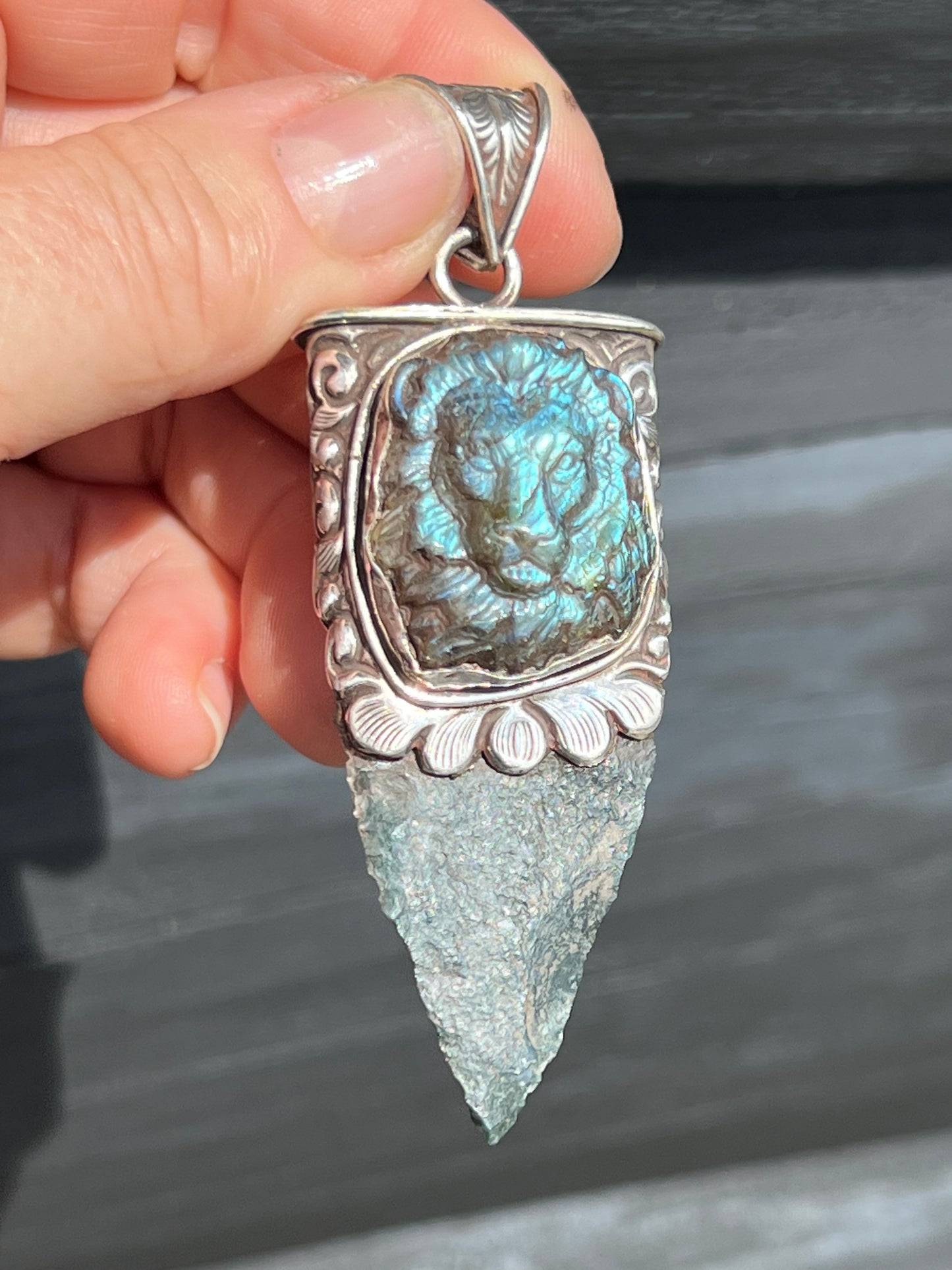 Sterling Silver and Labradorite Lion and Moss Agate Arrowhead Pendant handmade