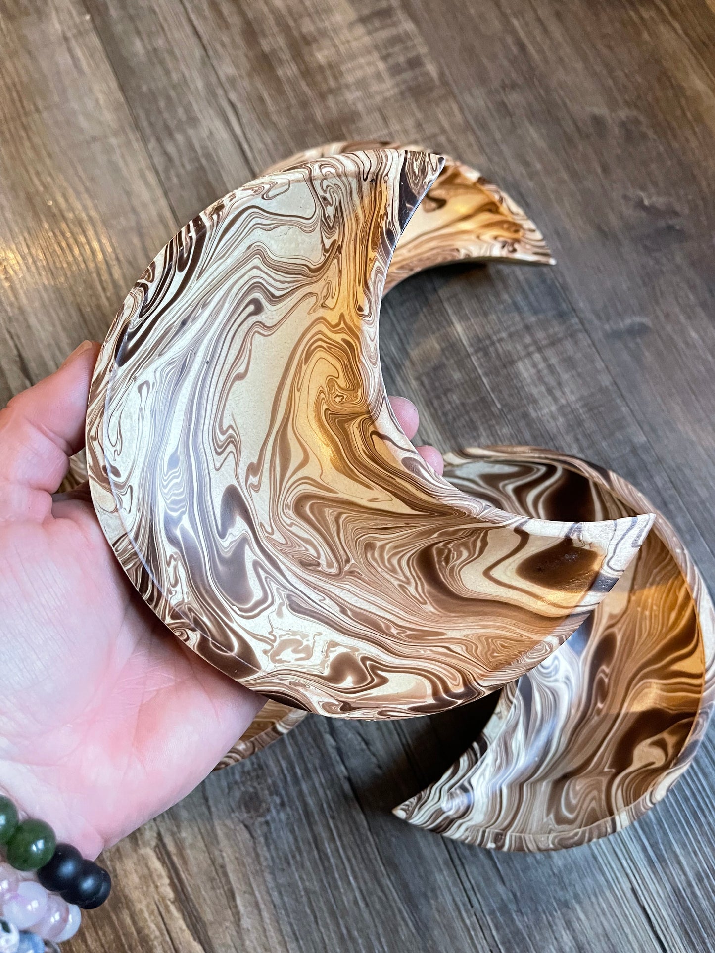 Crescent Moon Mango Wood Bowl, Light Brown Marble
