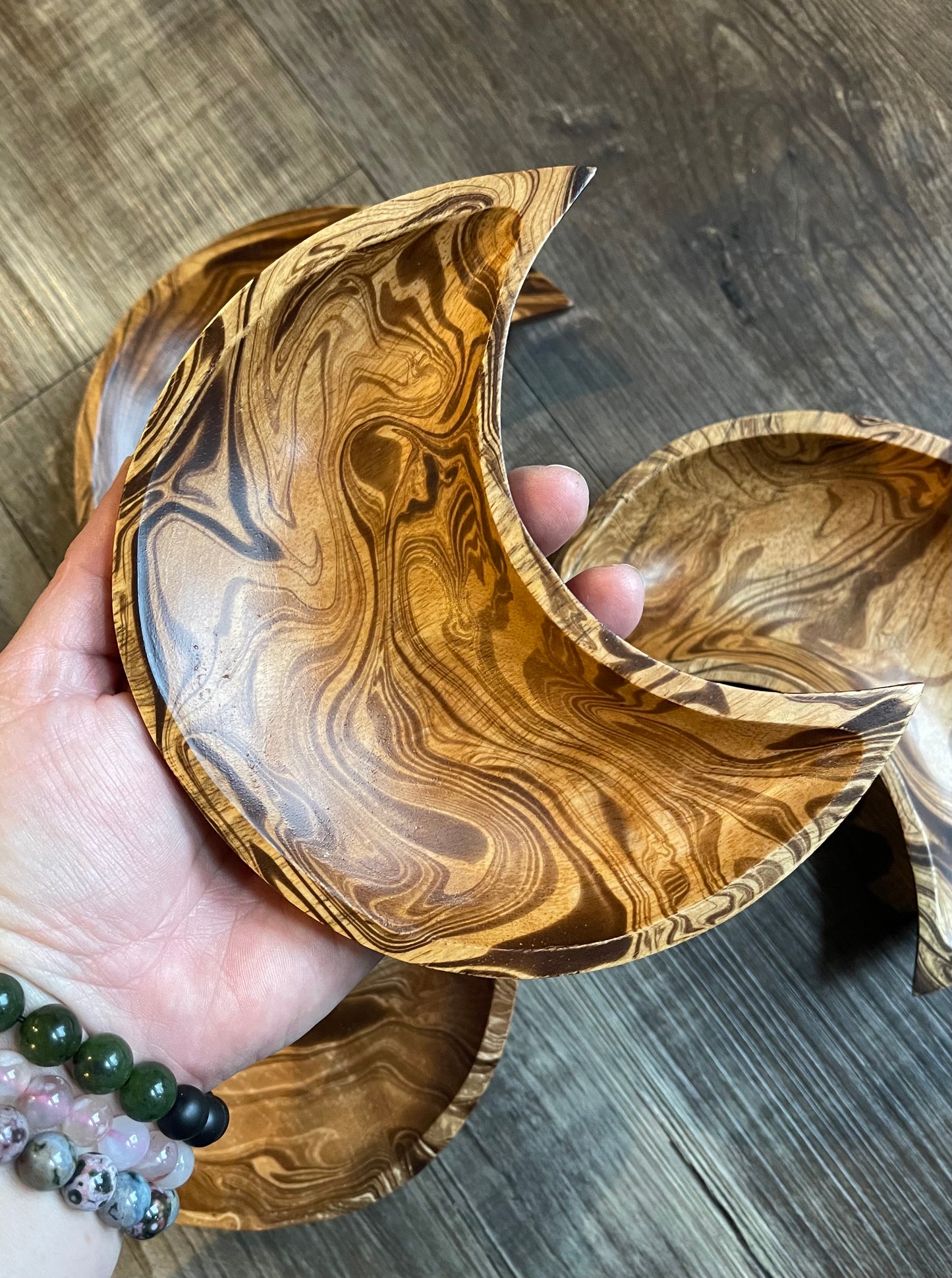 Crescent Moon Mango Wood Bowl, Dark Brown Marble