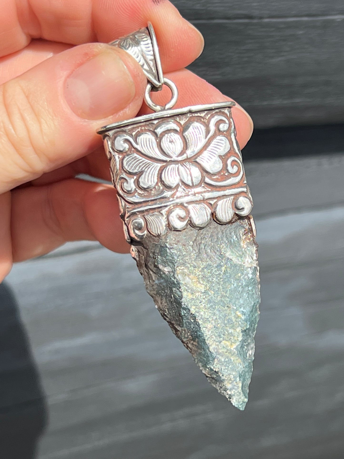 Sterling Silver and Labradorite Lion and Moss Agate Arrowhead Pendant handmade