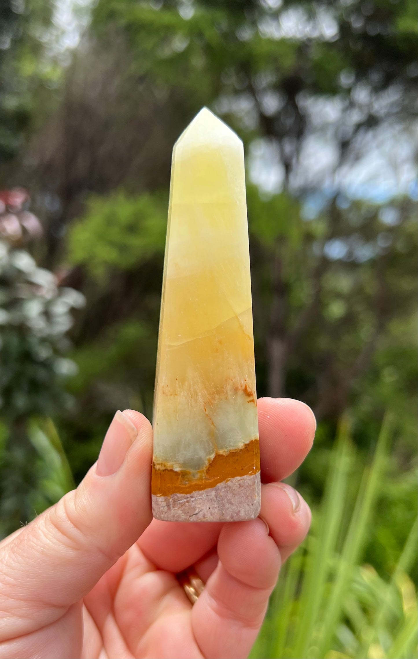 Lemon and Banded Green Calcite Calcite Obelisk