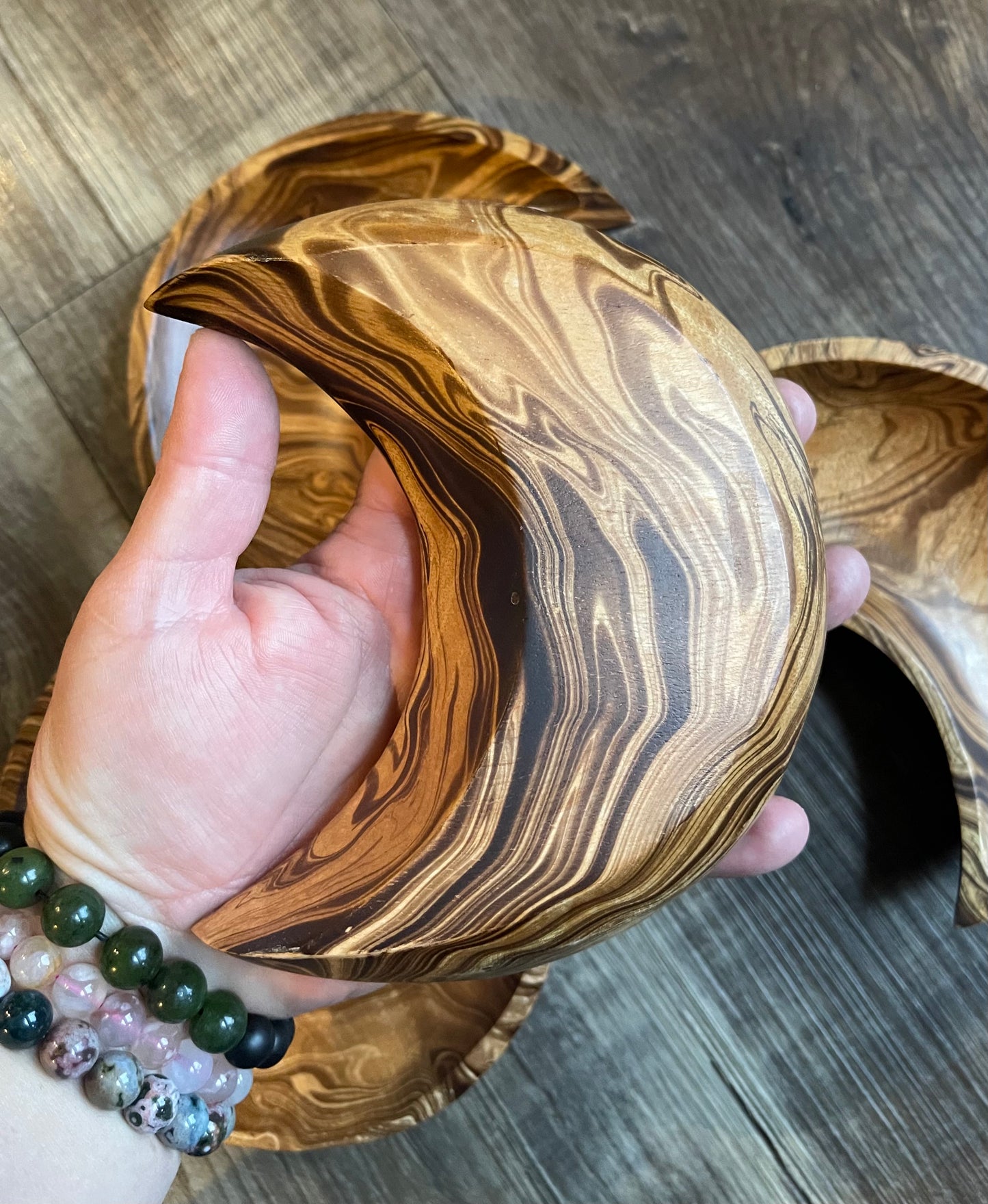 Crescent Moon Mango Wood Bowl, Dark Brown Marble