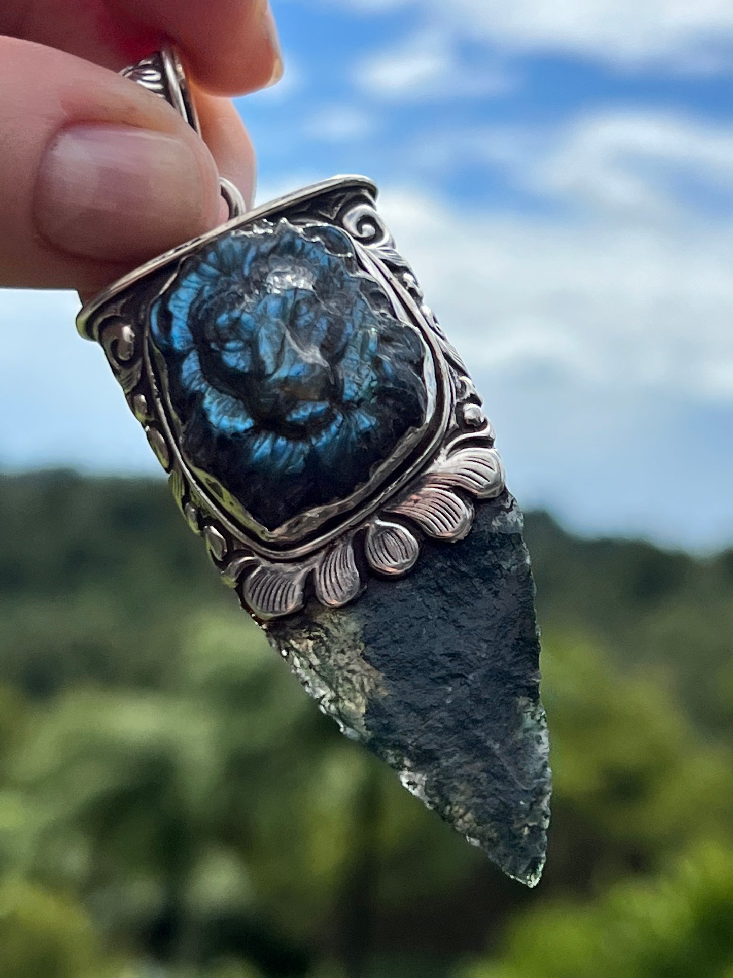 Sterling Silver and Labradorite Lion and Moss Agate Arrowhead Pendant handmade