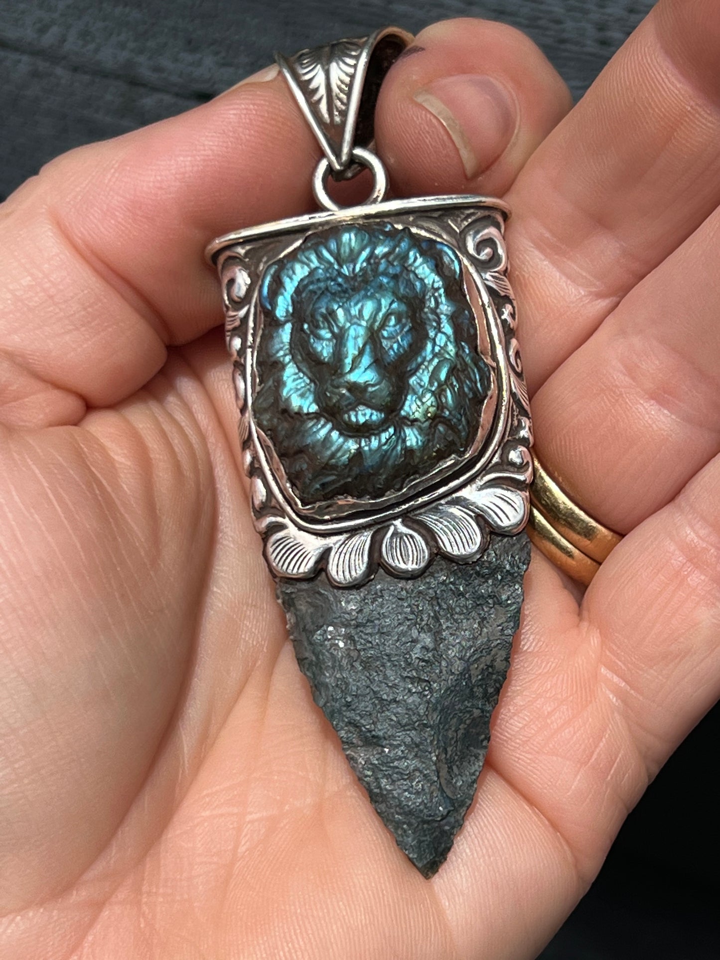 Sterling Silver and Labradorite Lion and Moss Agate Arrowhead Pendant handmade