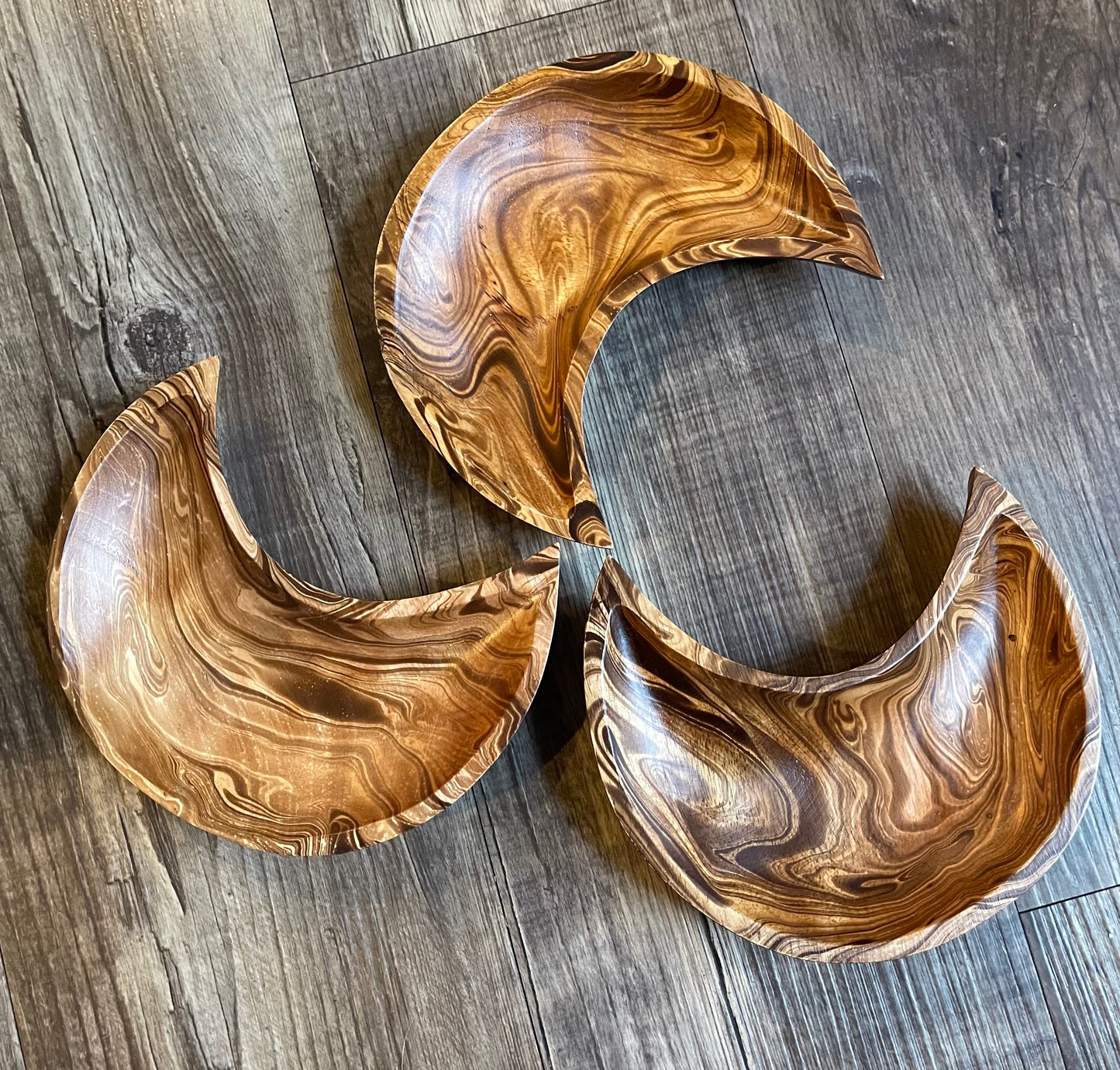 Crescent Moon Mango Wood Bowl, Dark Brown Marble