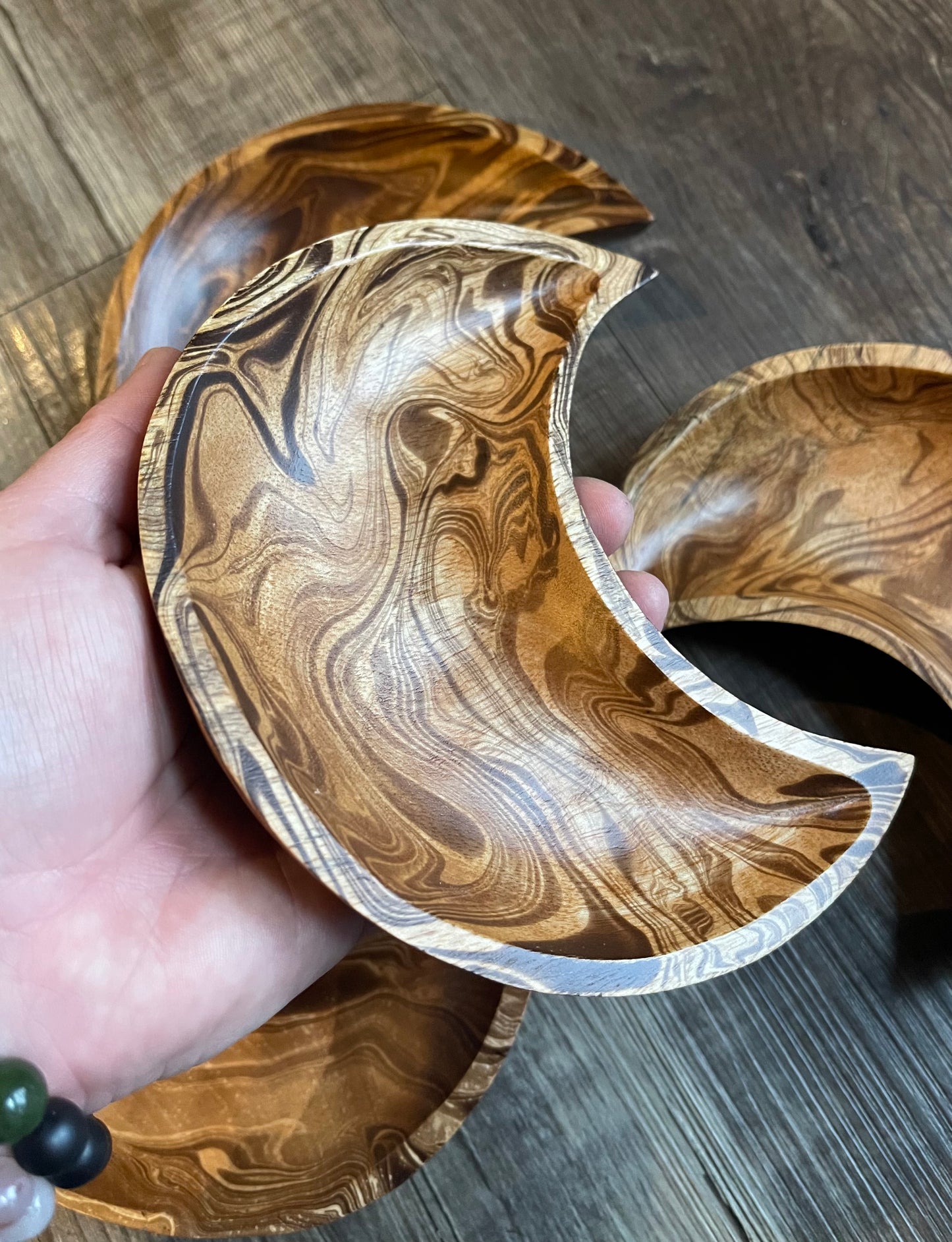Crescent Moon Mango Wood Bowl, Dark Brown Marble