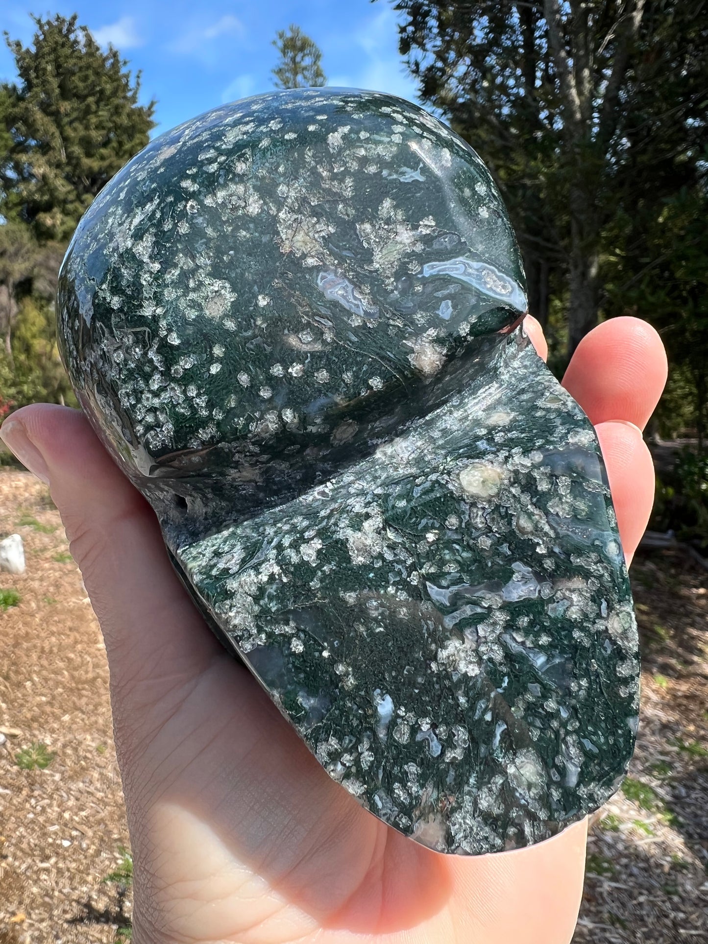 Moss Agate Carved Skull