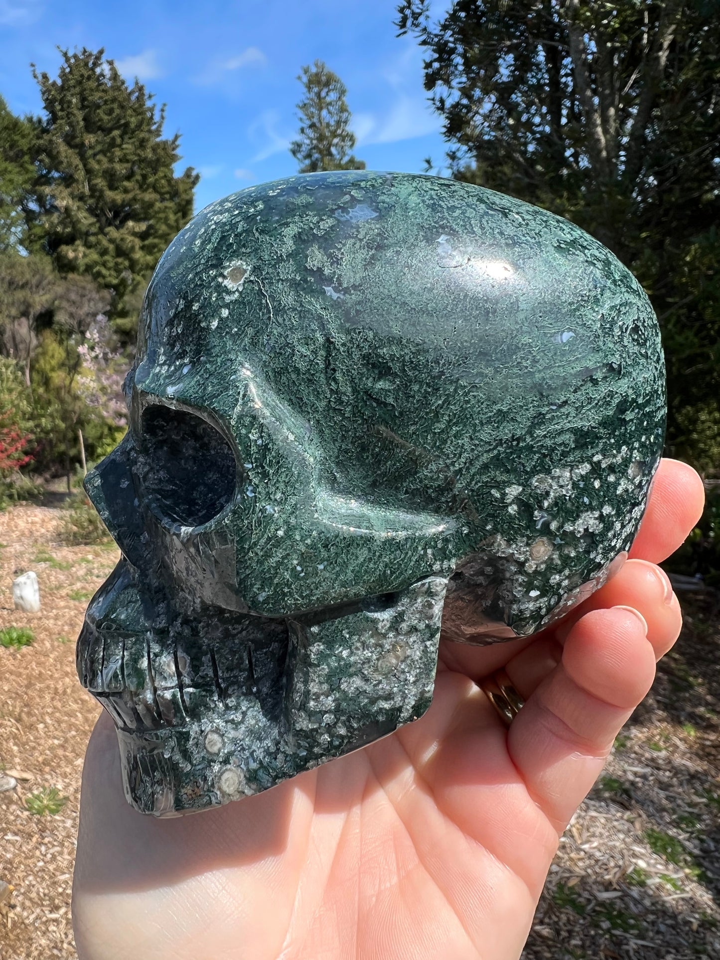 Moss Agate Carved Skull