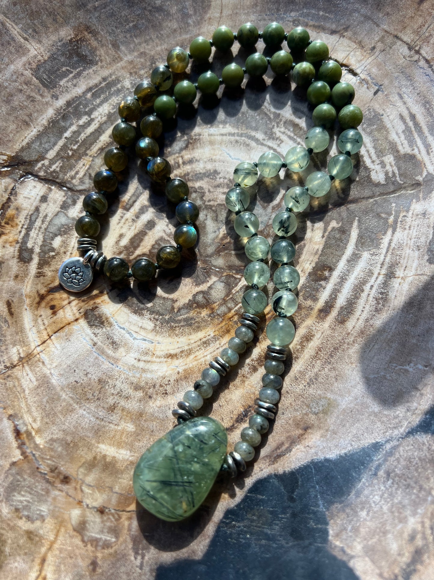 Half Mālā with Canadian Jade, Green Labradorite and Prehnite with a Phrenite Gruu Bead/Pendant