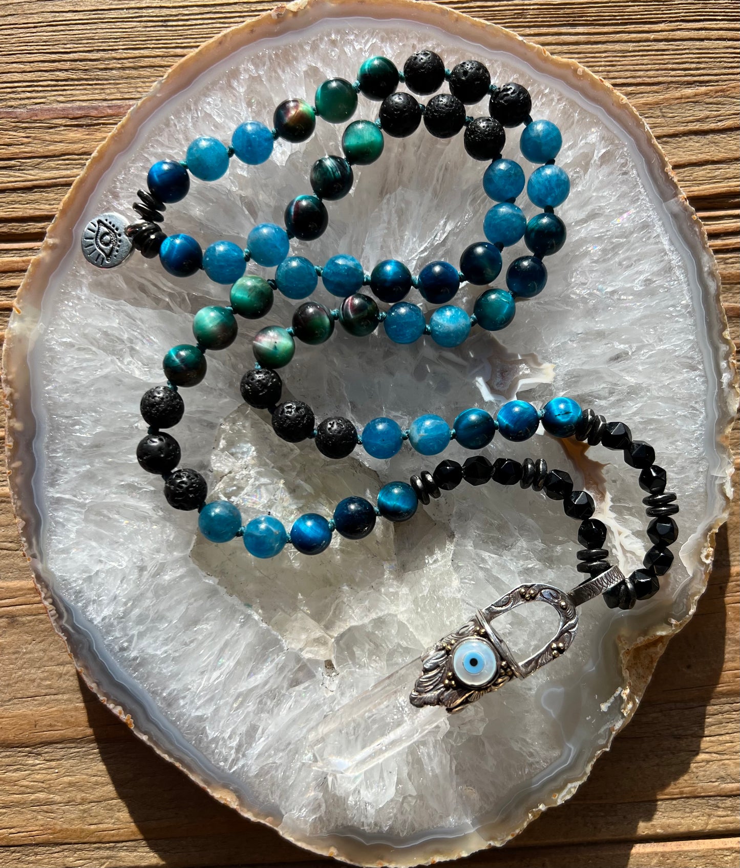 Mālā Half with Tigers Eye, Apatite Beads and a Clear Quartz Pendant
