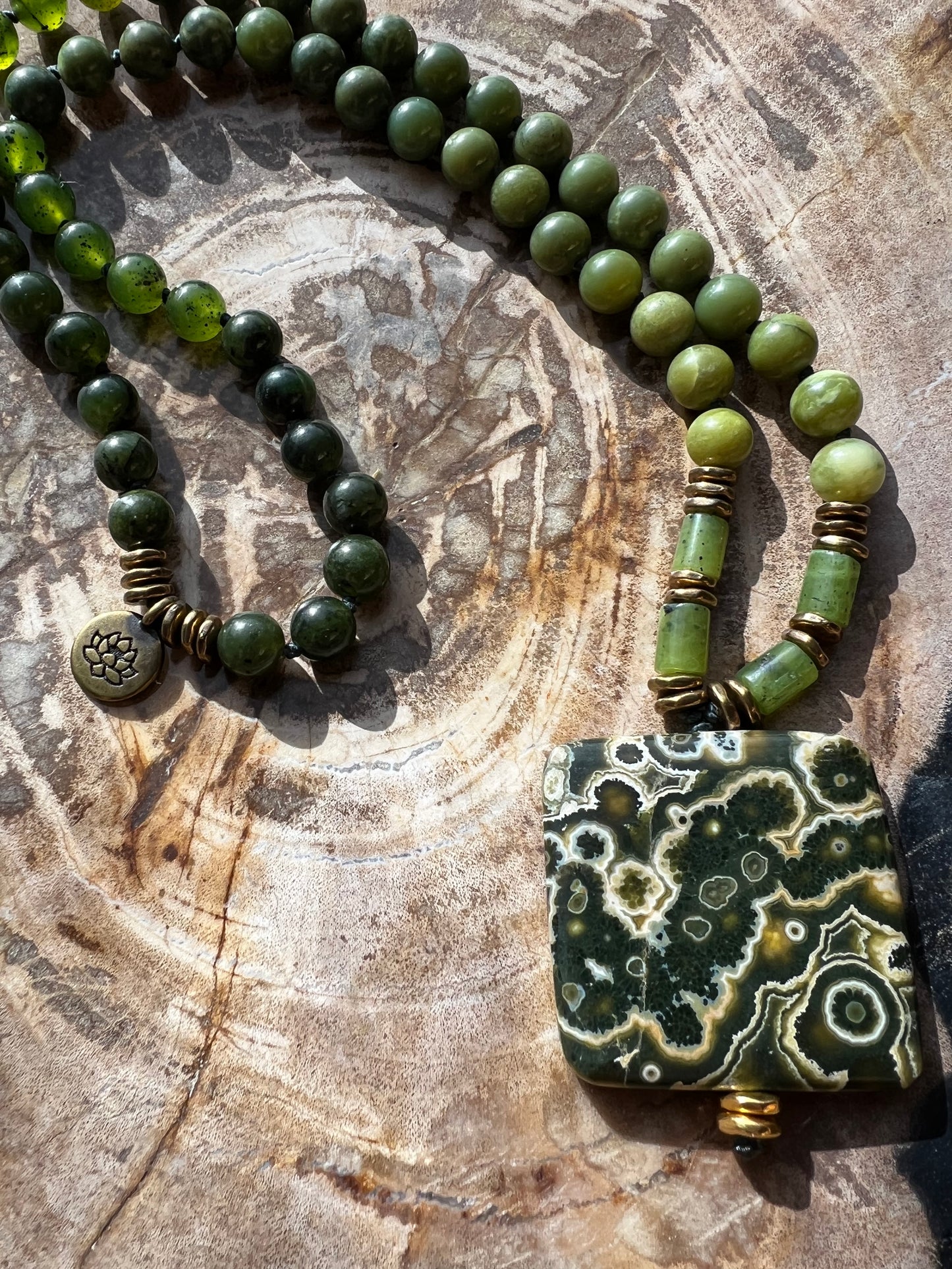 Mālā, Half Mala with Ocean Jasper Pendant, Canadian Nephrite Jade