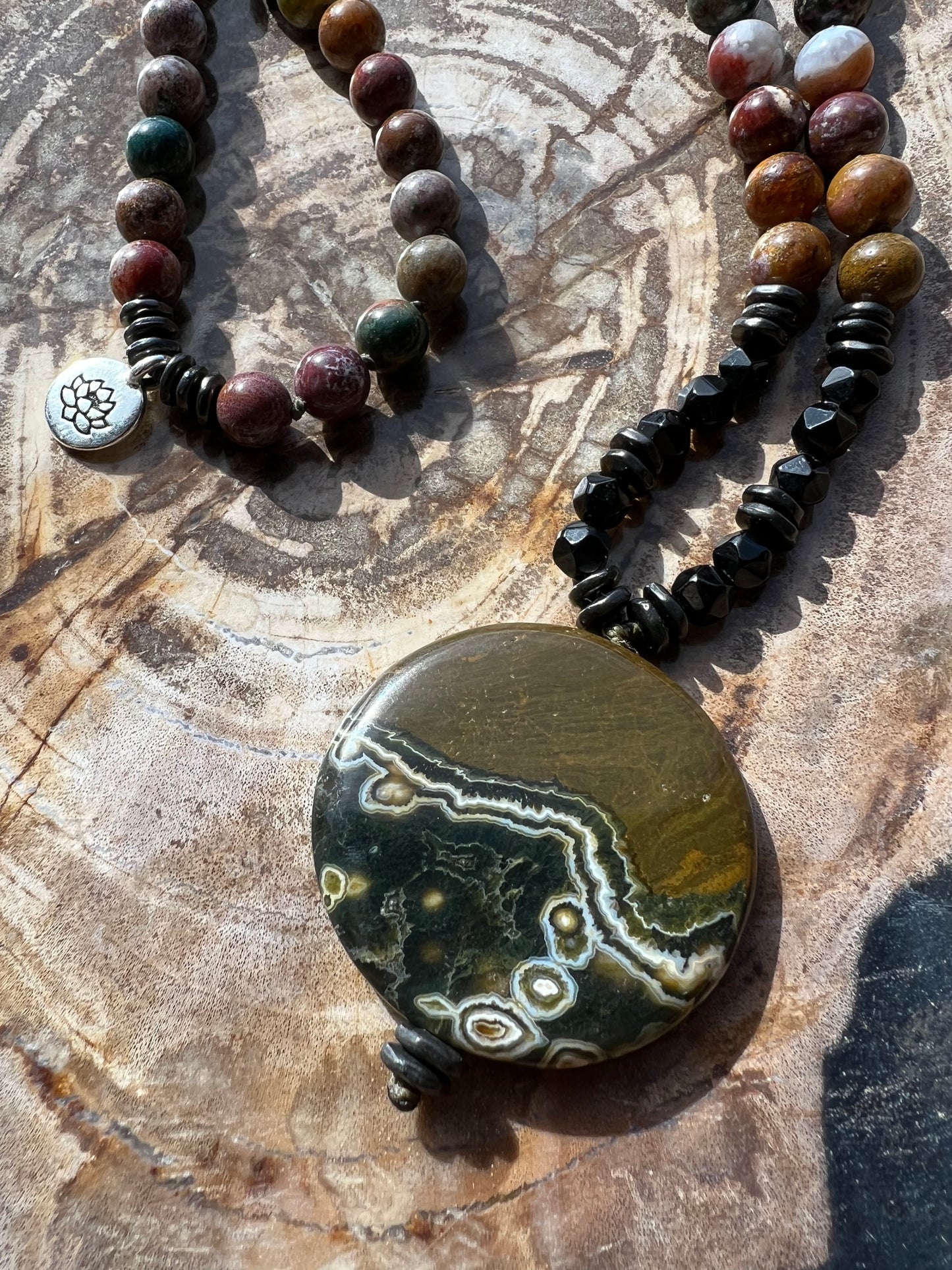Mālā, Half Mālā with Ocean Jasper Pendant, Ocean Jasper Beads