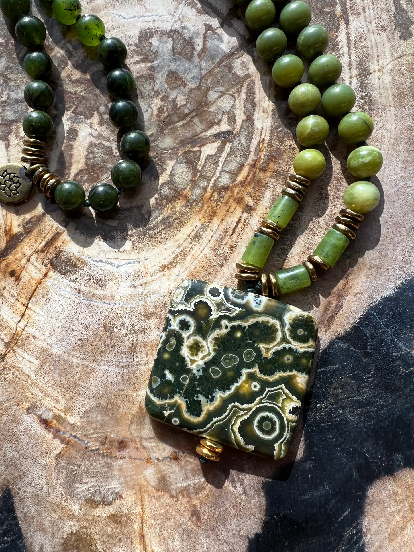 Mālā, Half Mala with Ocean Jasper Pendant, Canadian Nephrite Jade