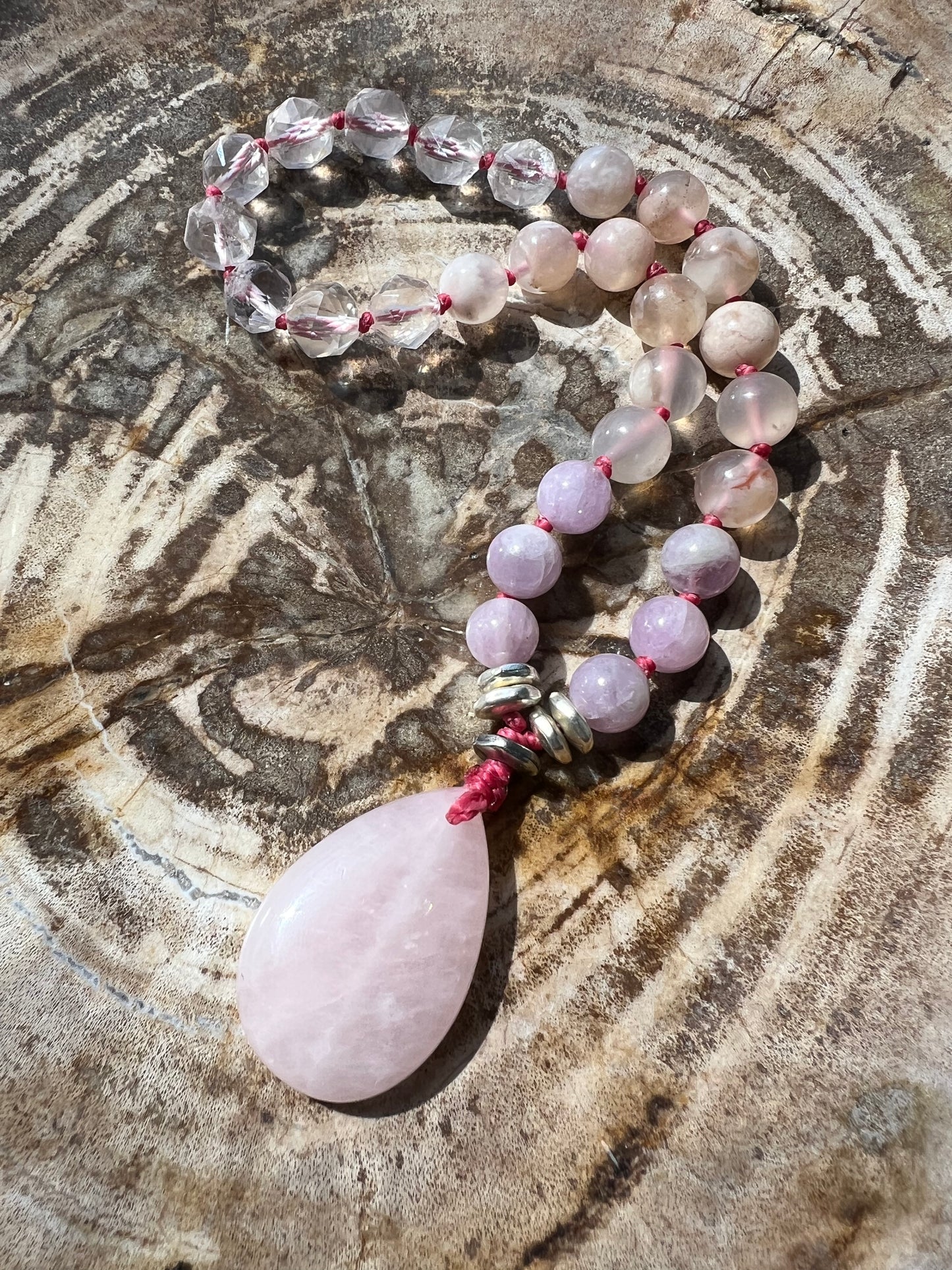 Pocket Mālā with Rose Quartz, Kunzite and Cherry Blossom Beads