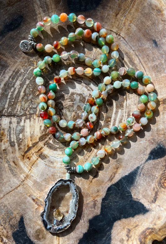 Mālā with Green Banded Agate Beads with a Druzy Agate and Citrine Guru Bead