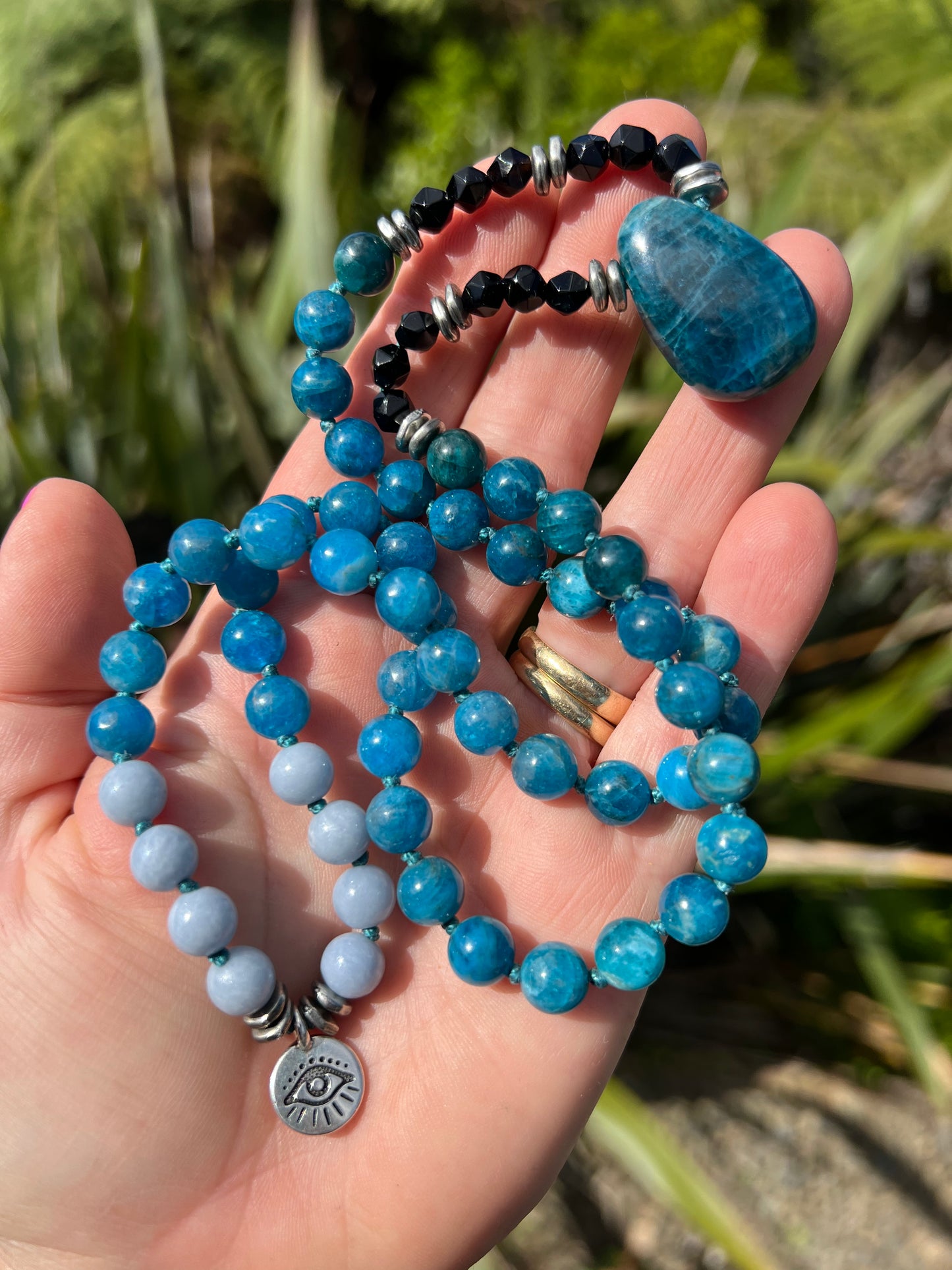 Mālā Half with Apatite, Angelite Beads and a Apatite Guru Bead/Pendant