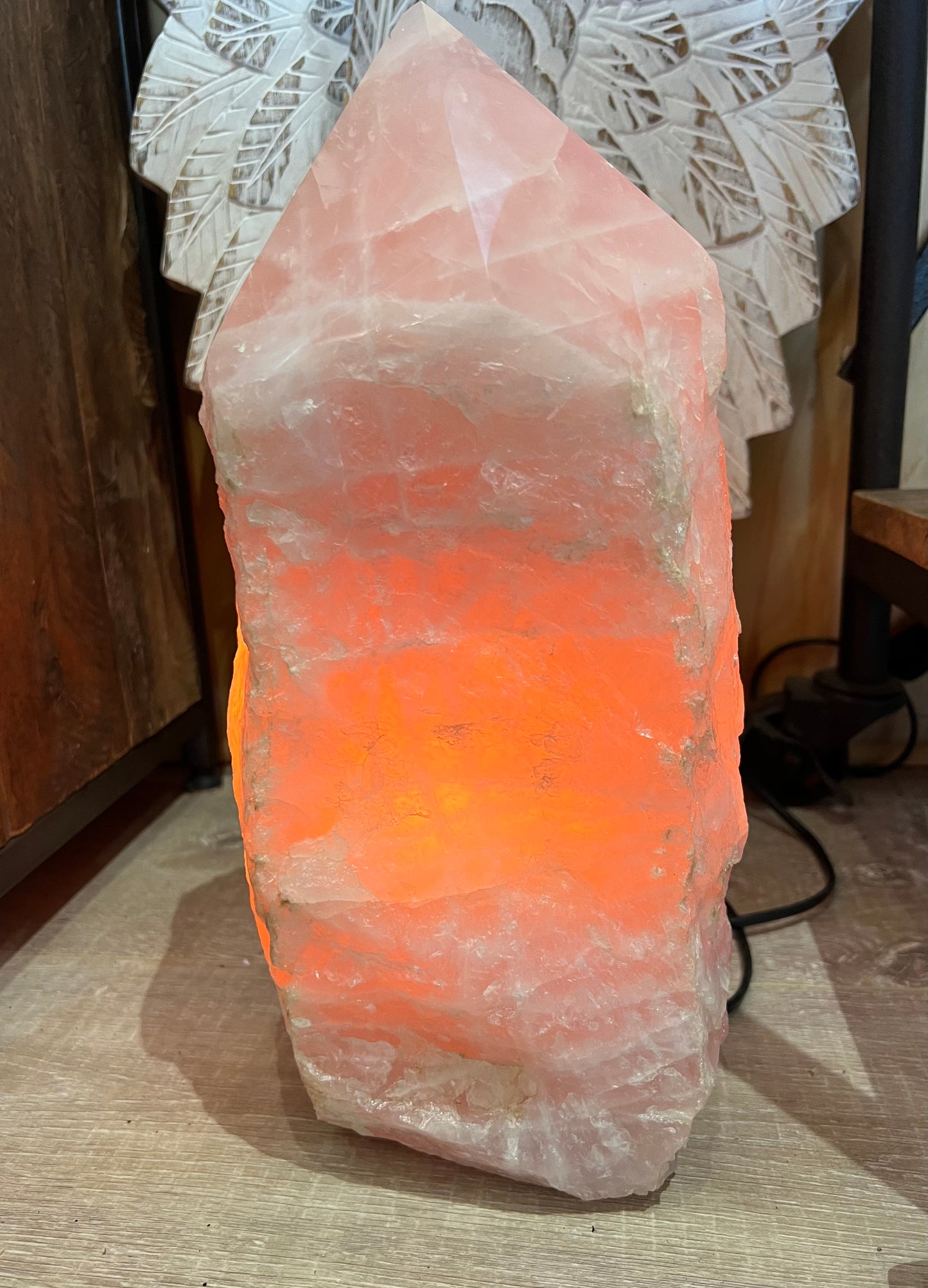 Raw Rose Quartz Lamp with Polished top, Extra Large