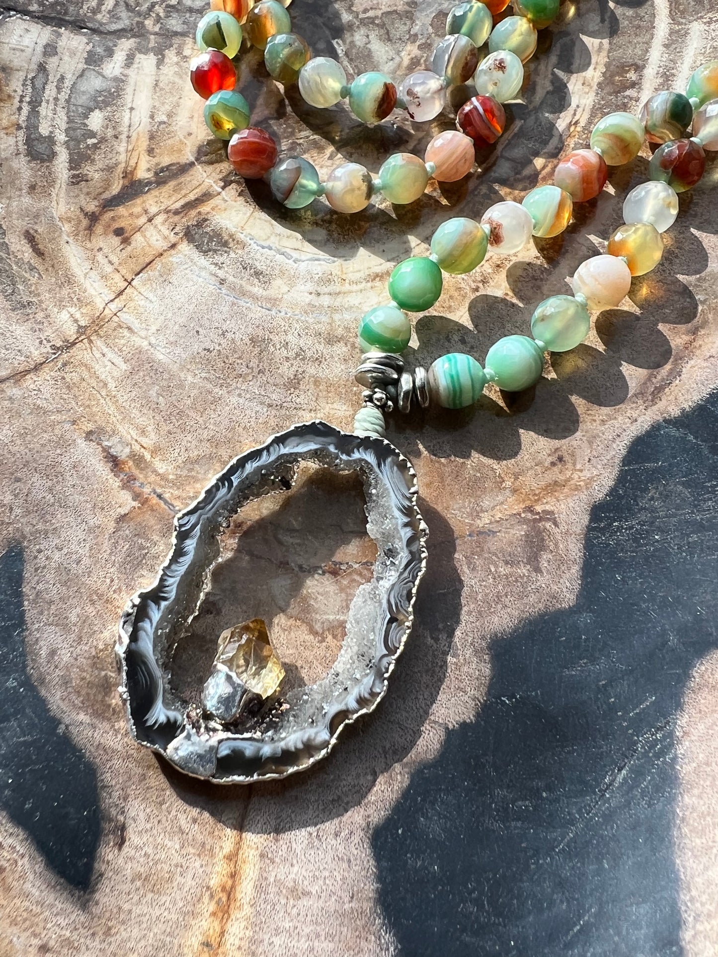 Mālā with Green Banded Agate Beads with a Druzy Agate and Citrine Guru Bead