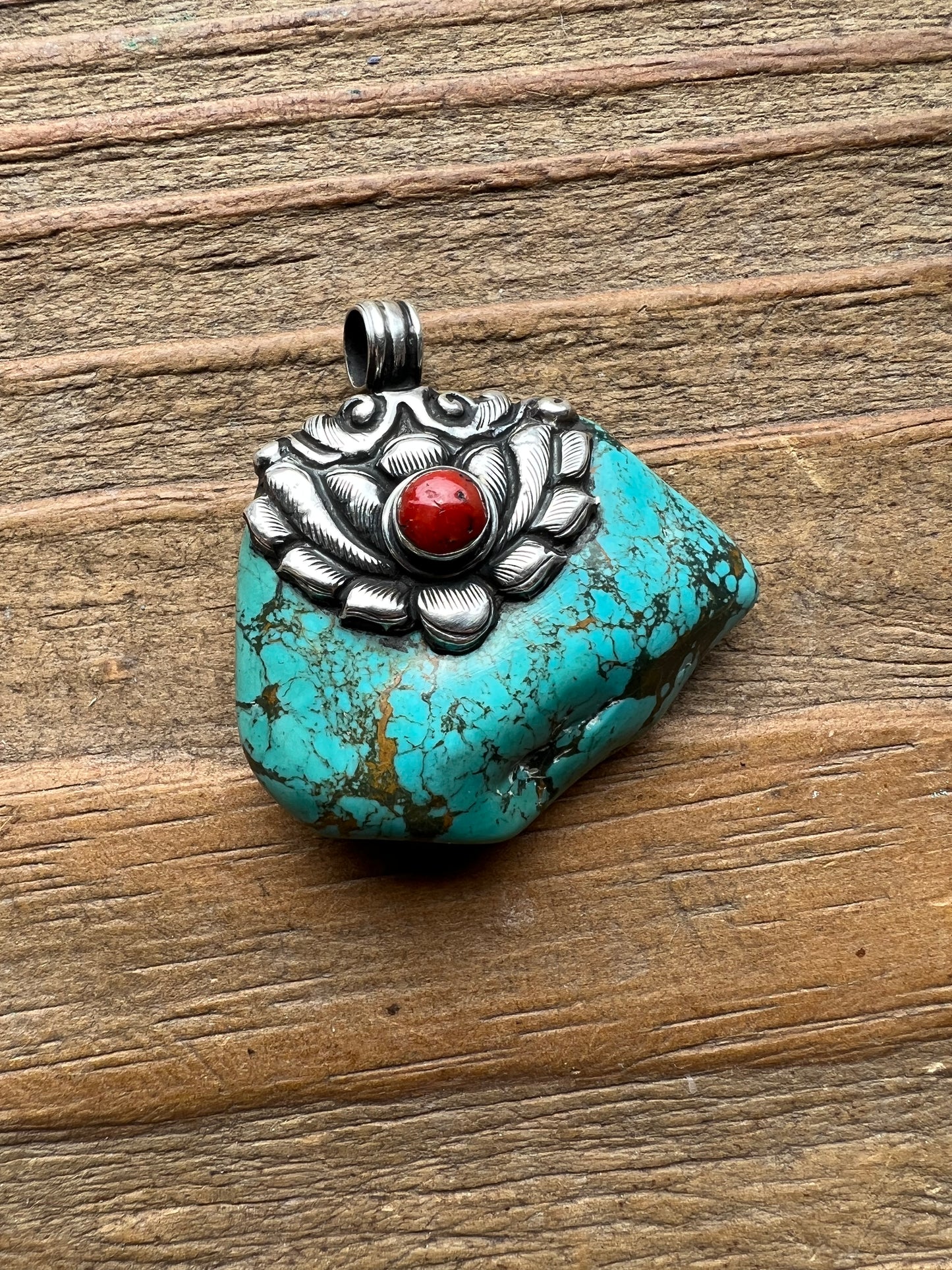 Turquoise Nugget, Coral and Sterling Silver Pendant