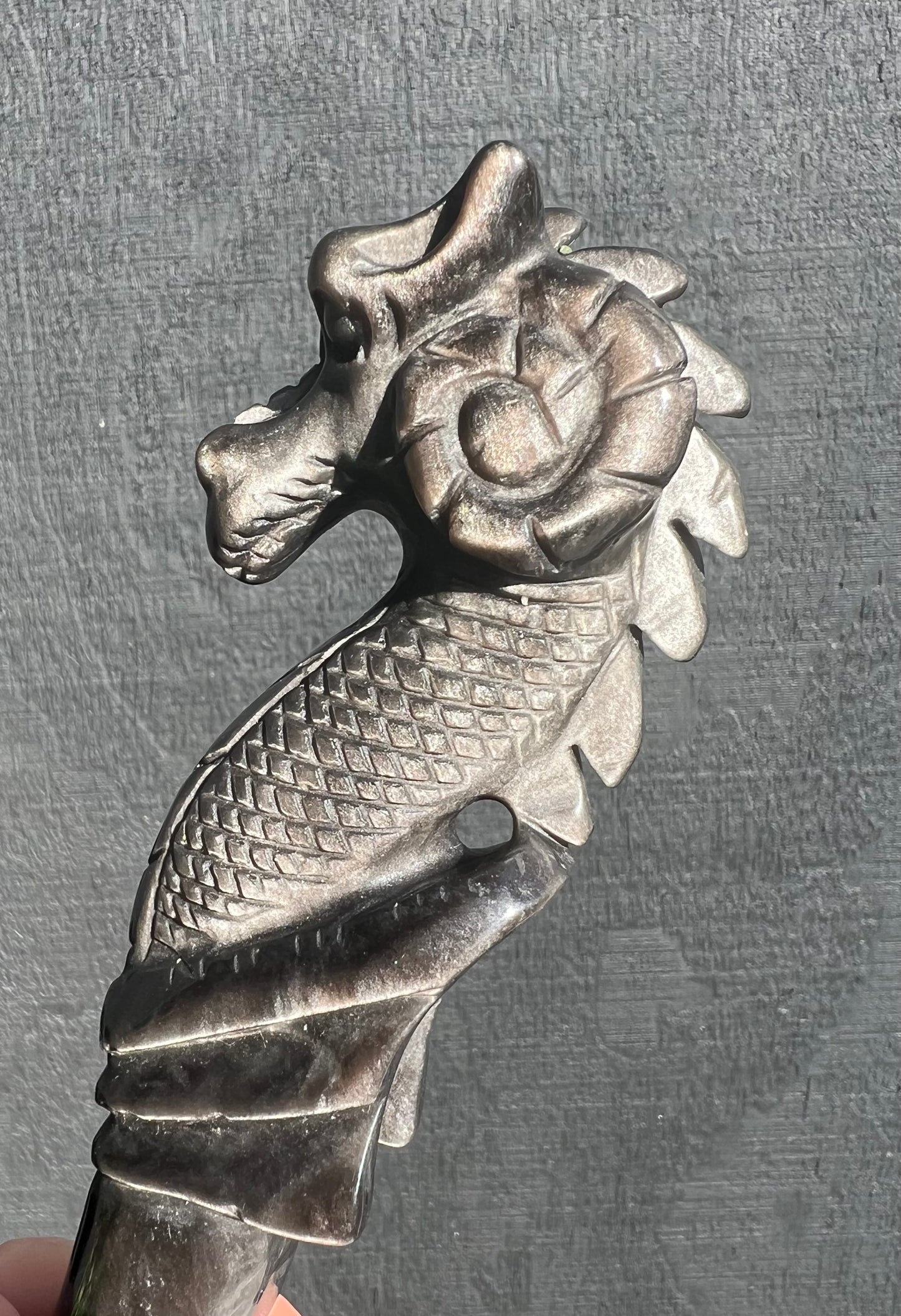 Silver Sheen Obsidian Dragon Wand