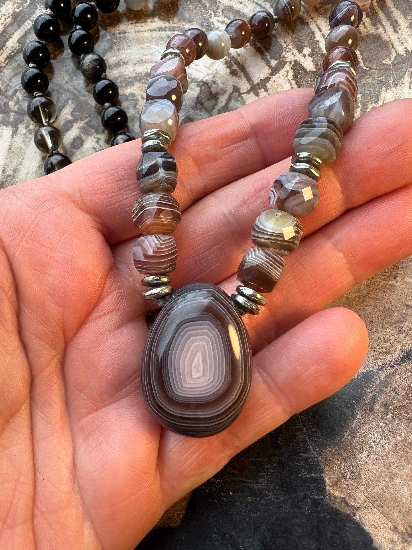 Mālā, Half with Botswana and Grey Agate, Gold Sheen Obsidian and  Smoky Quartz Beads
