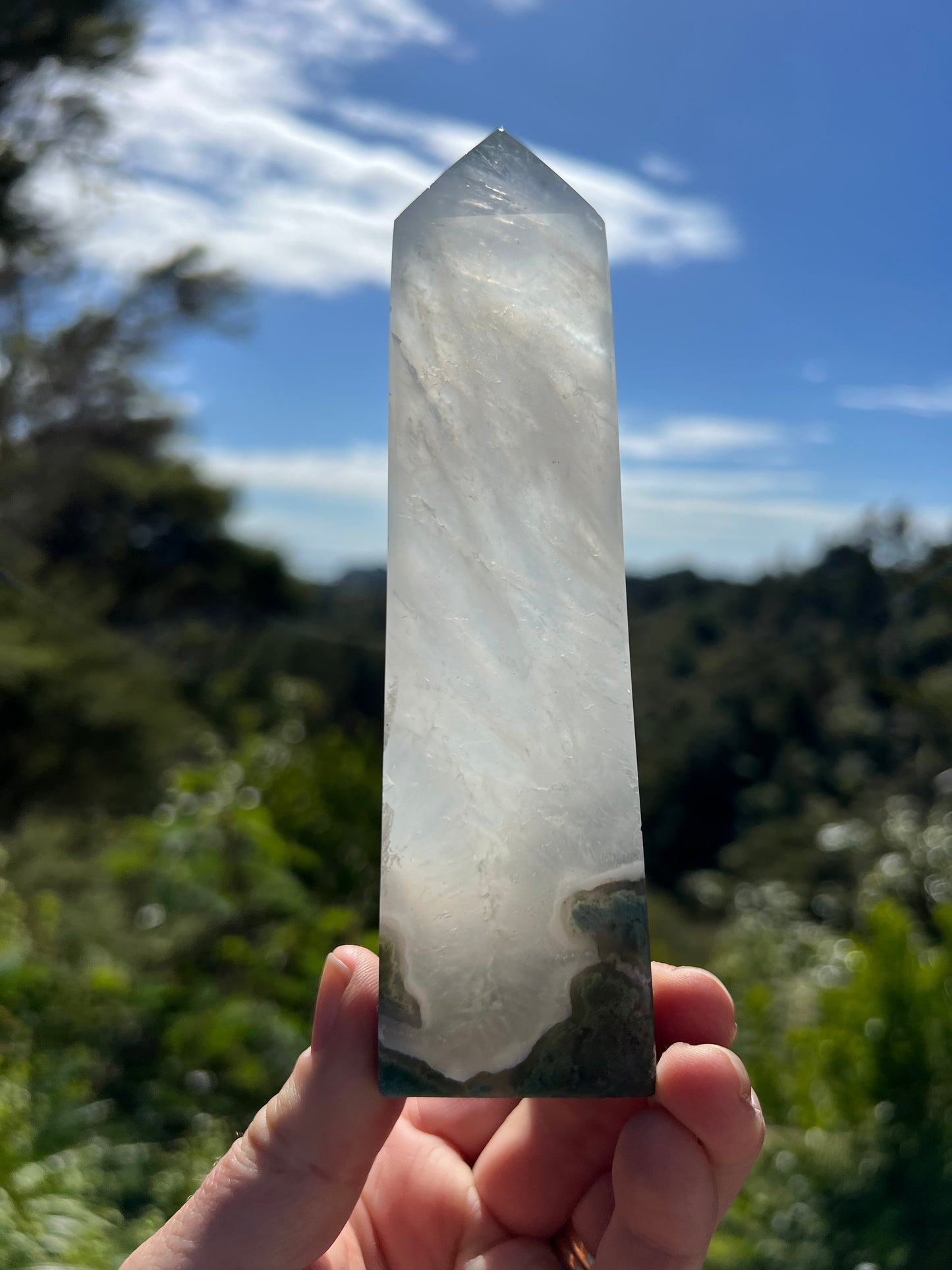 Moss Agate and Milky Clear Quartz Tower