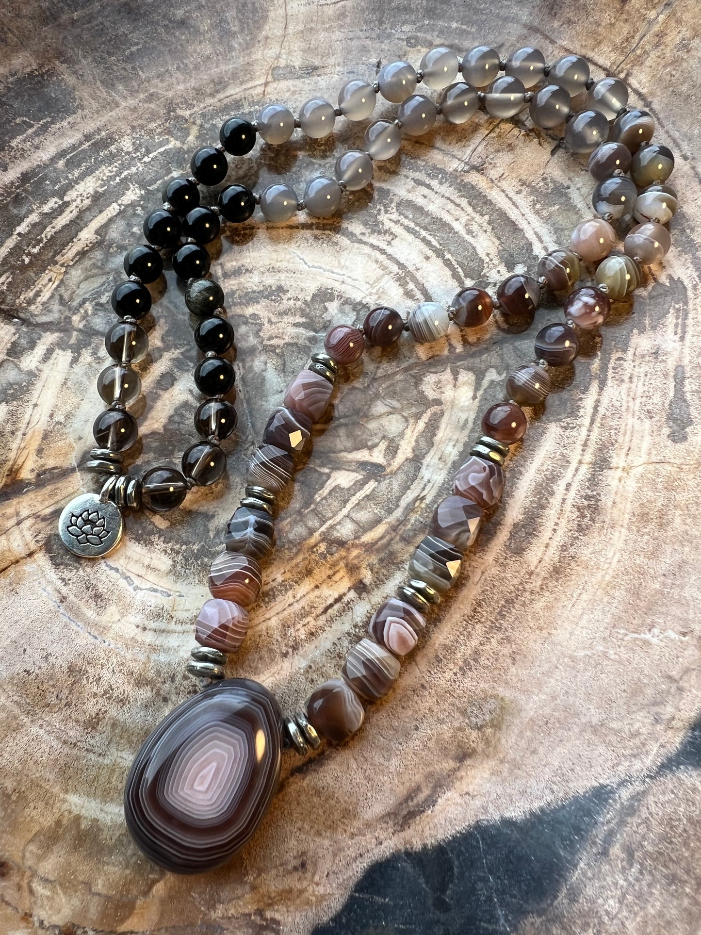 Mālā, Half with Botswana and Grey Agate, Gold Sheen Obsidian and  Smoky Quartz Beads