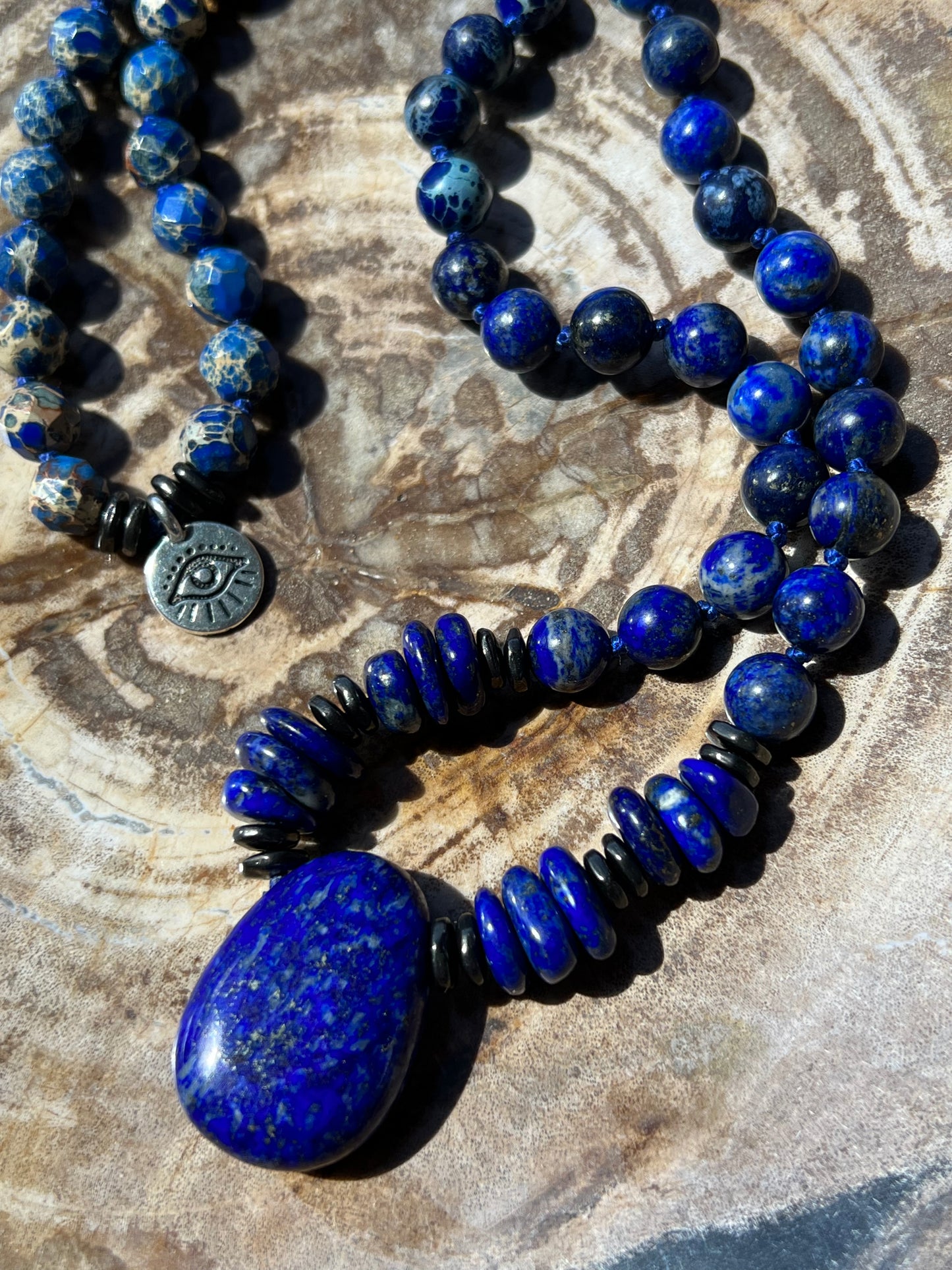 Mālā with Lapis Lazuli and Blue Aqua Terra Jasper with a Lapis Guru Bead/Pendant
