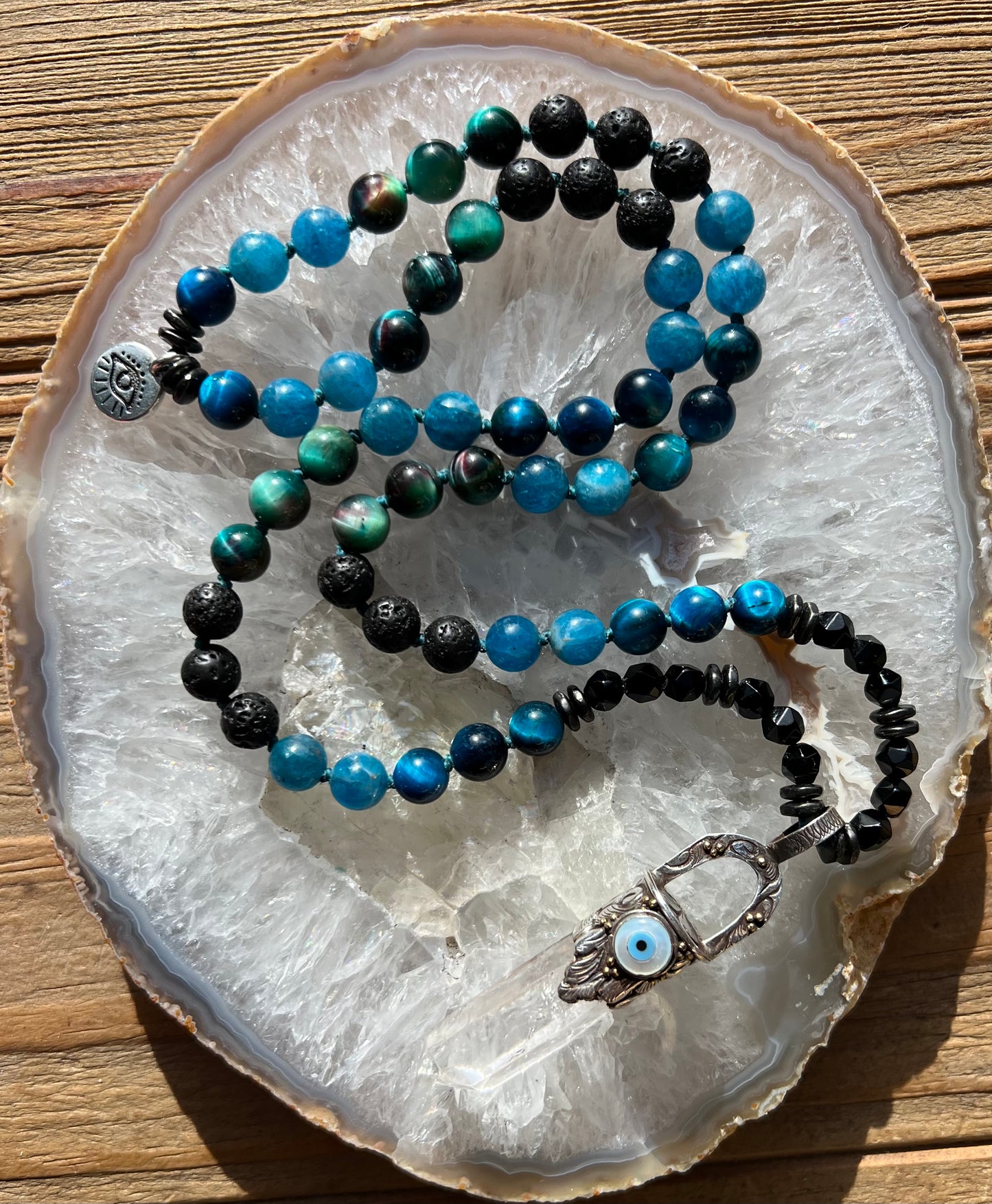 Mālā Half with Tigers Eye, Apatite Beads and a Clear Quartz Pendant