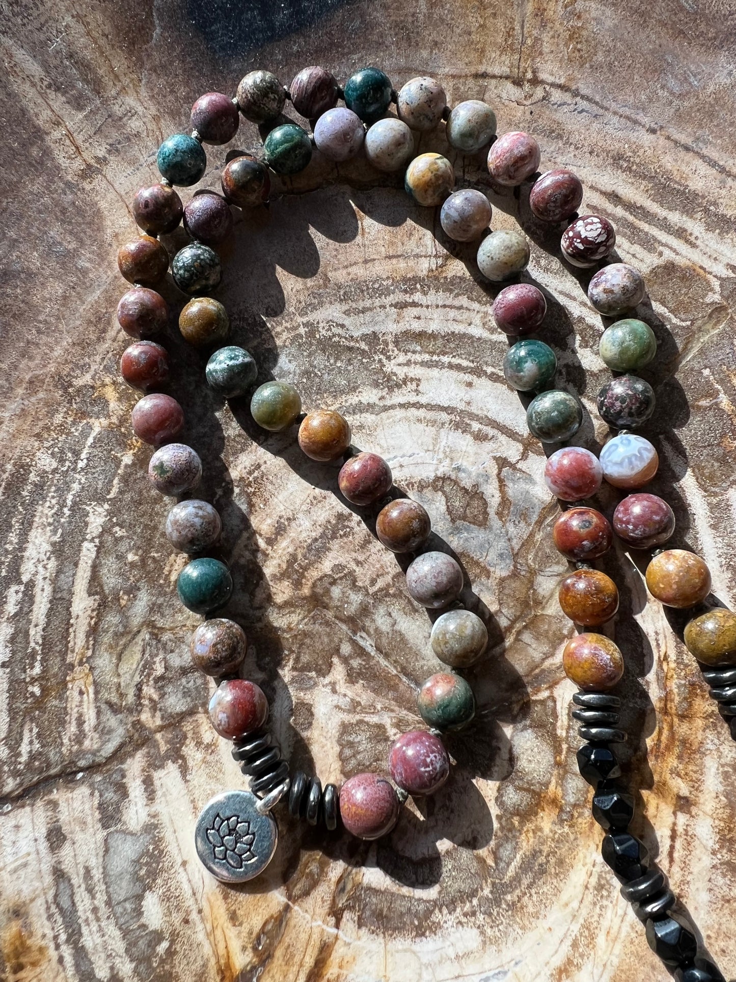 Mālā, Half Mālā with Ocean Jasper Pendant, Ocean Jasper Beads