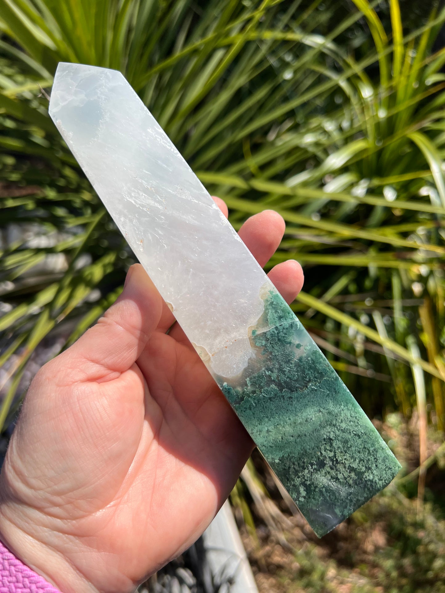 Moss Agate and Milky Clear Quartz Tower