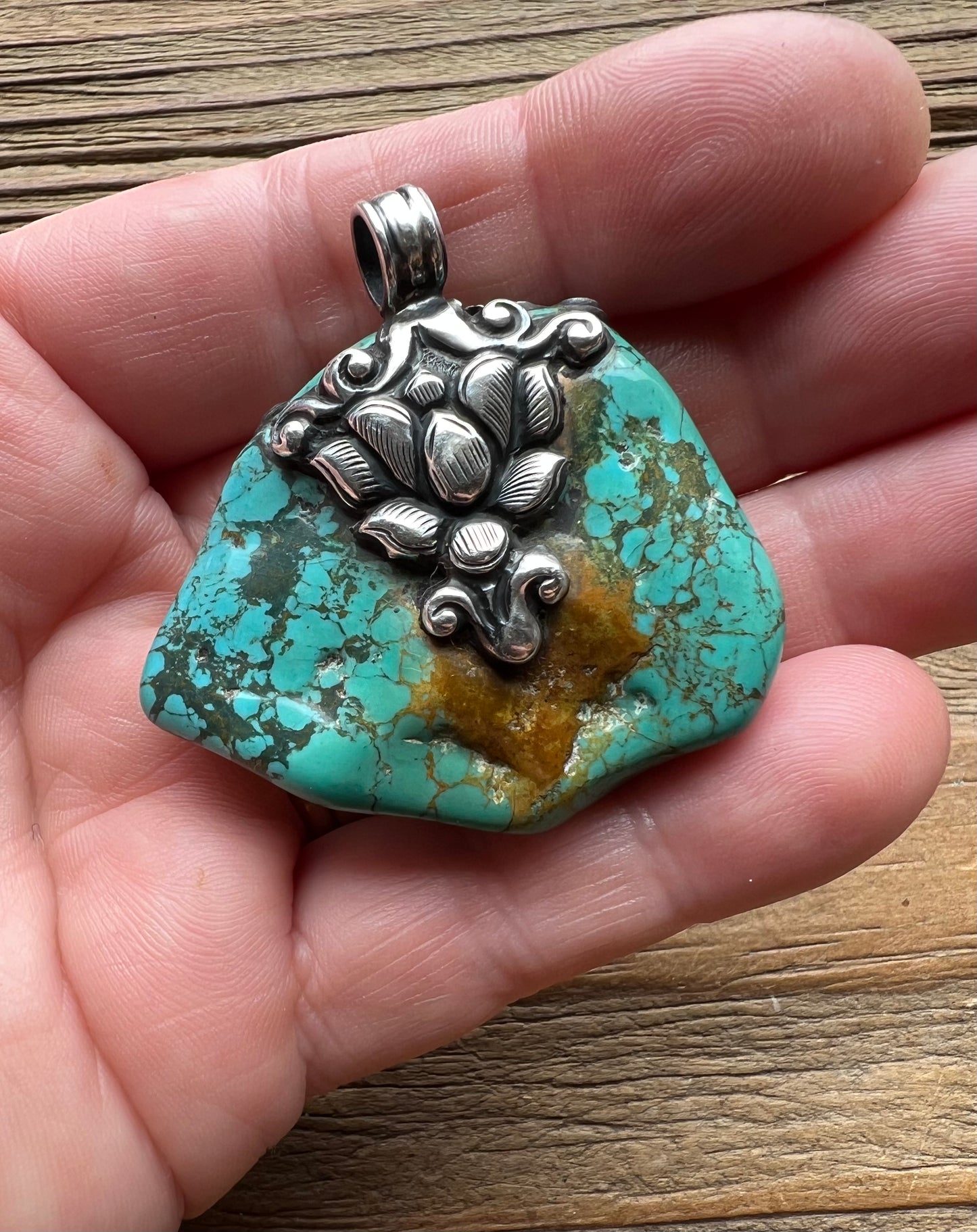 Turquoise Nugget, Coral and Sterling Silver Pendant