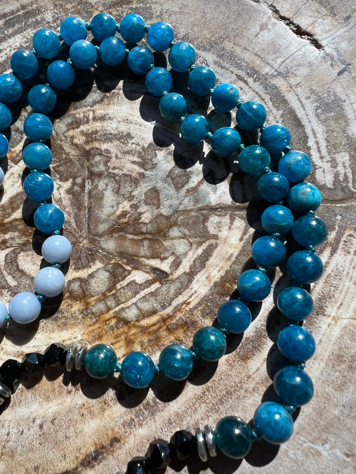 Mālā Half with Apatite, Angelite Beads and a Apatite Guru Bead/Pendant