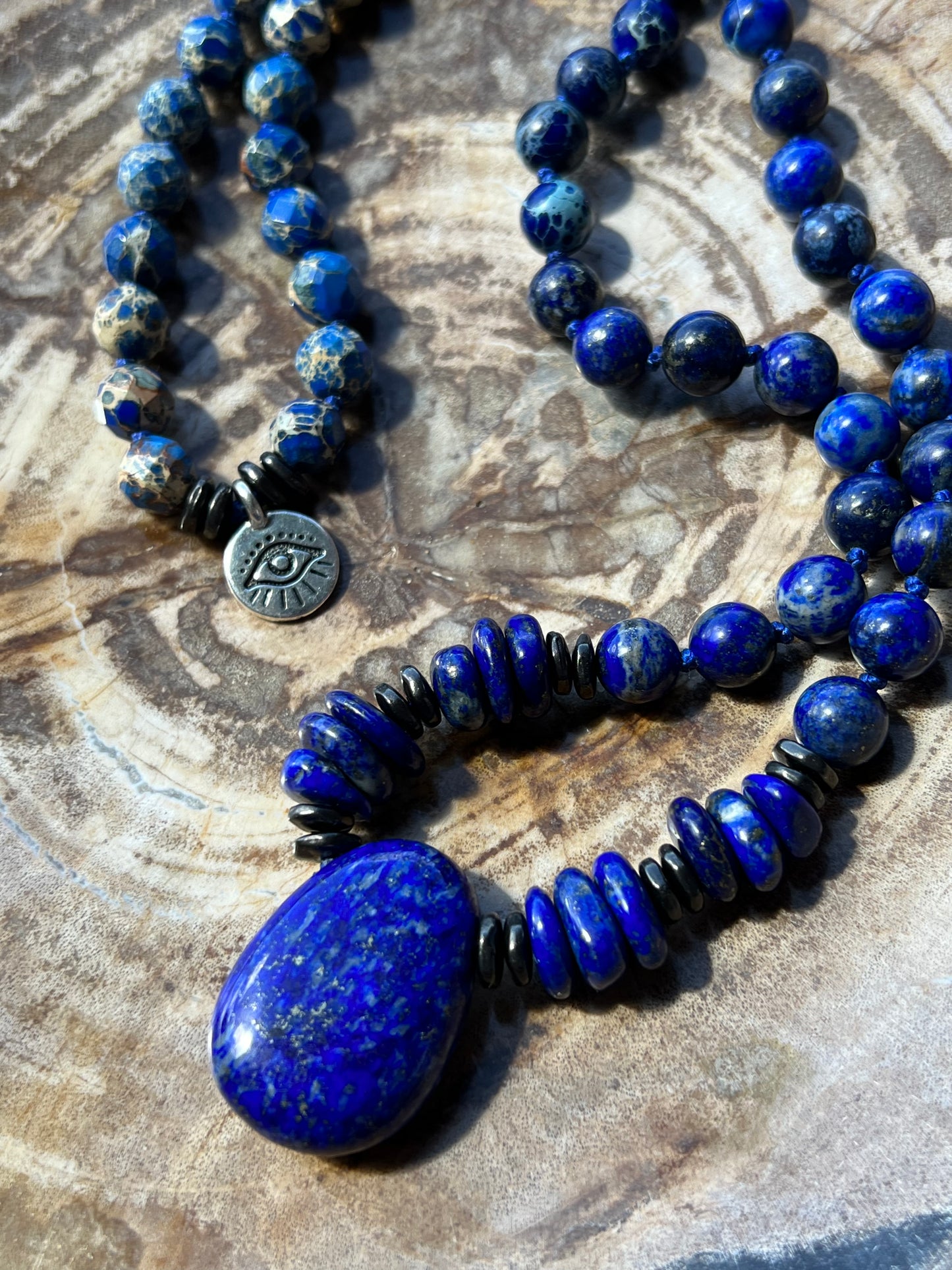 Mālā with Lapis Lazuli and Blue Aqua Terra Jasper with a Lapis Guru Bead/Pendant