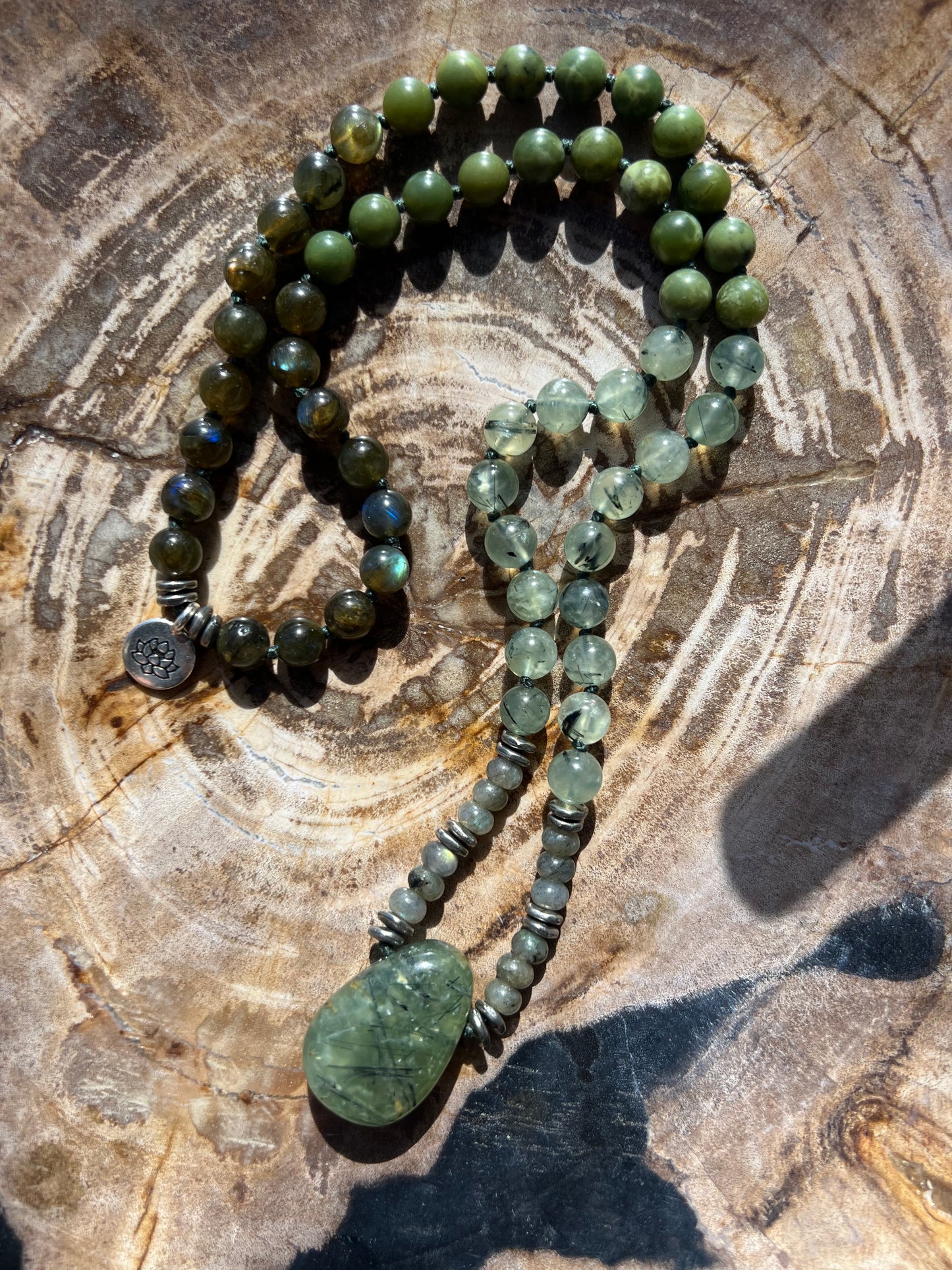 Half Mālā with Canadian Jade, Green Labradorite and Prehnite with a Phrenite Gruu Bead/Pendant