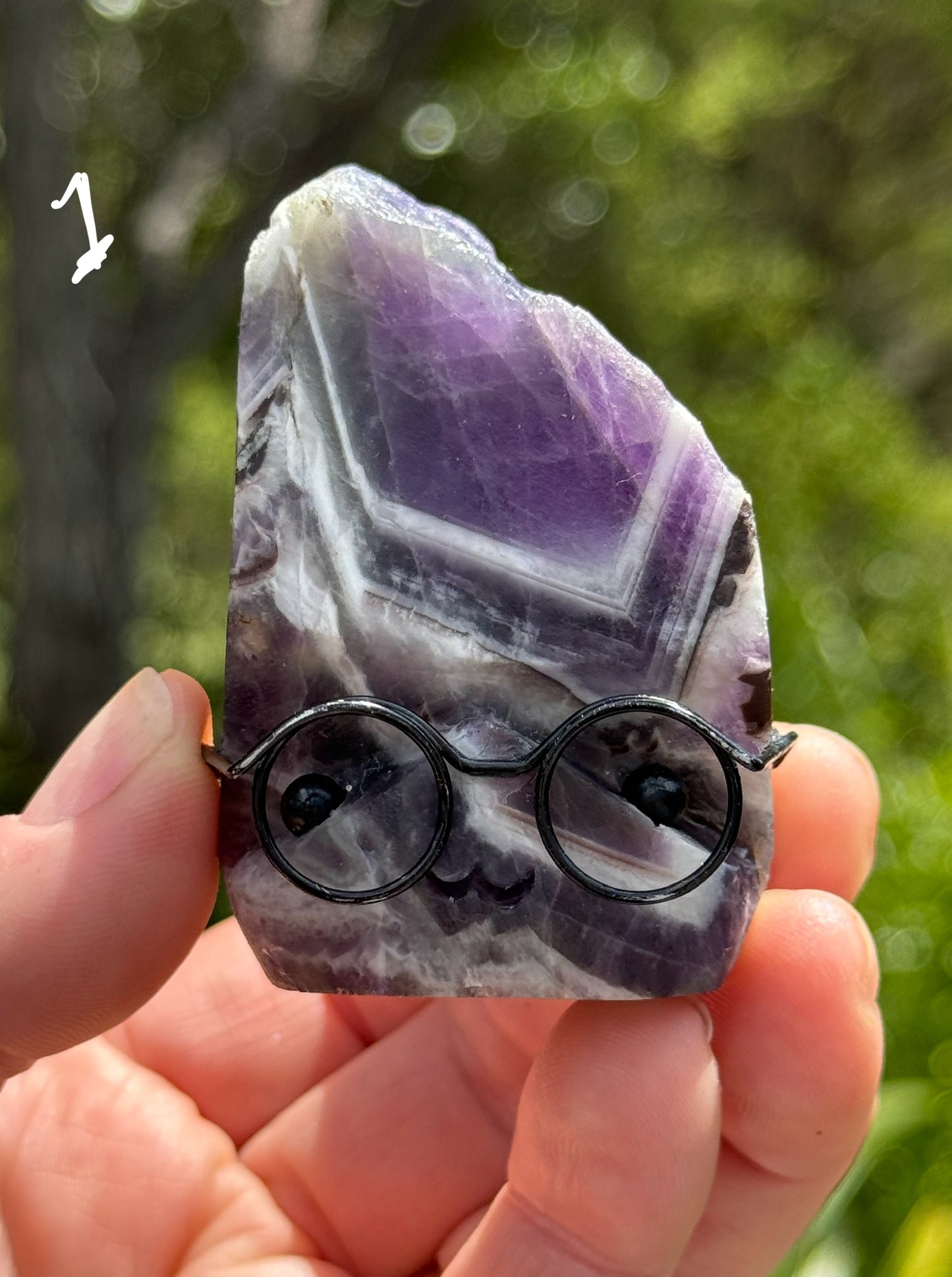 Chevron Amethyst Rock Buddy with glasses