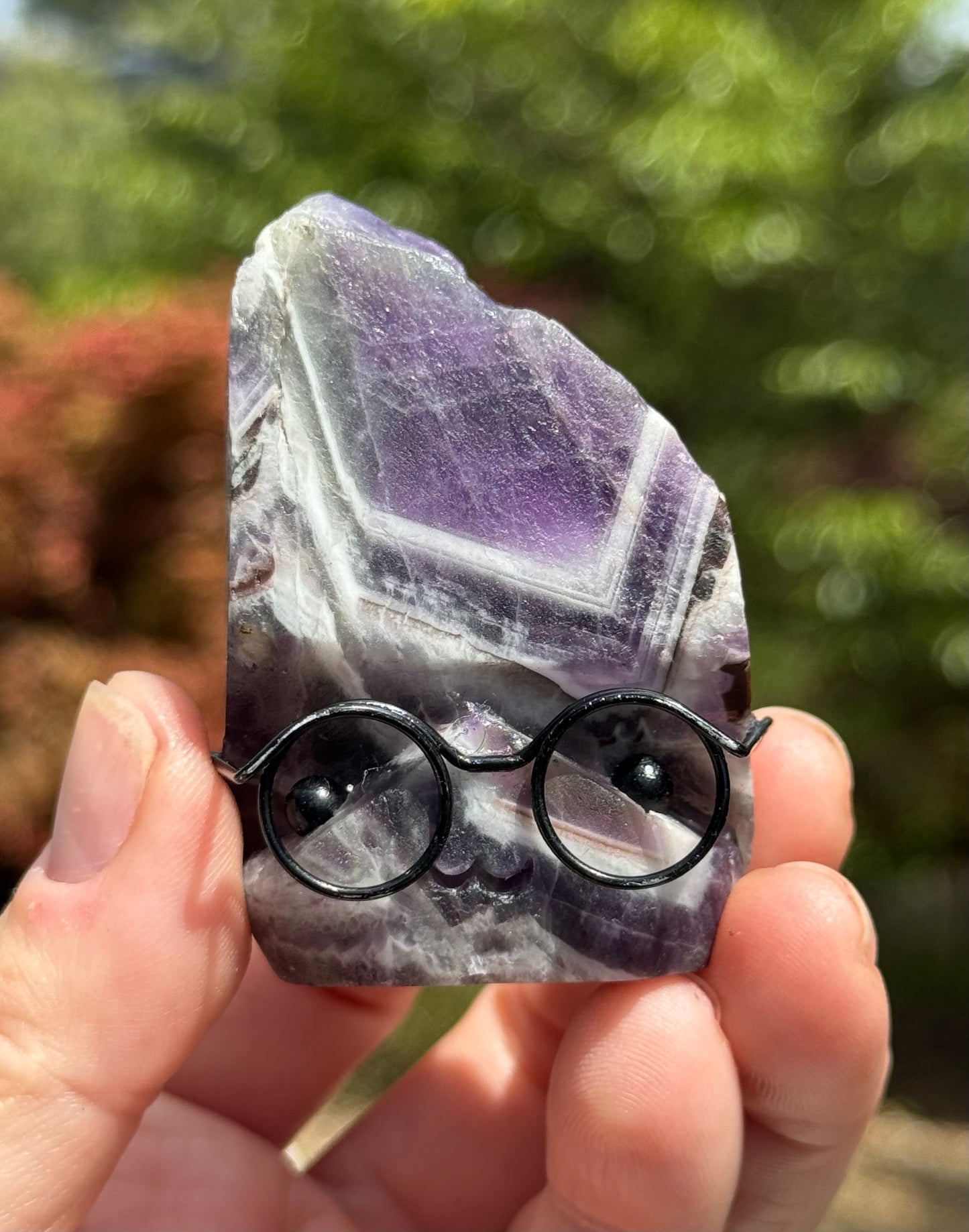 Chevron Amethyst Rock Buddy with glasses